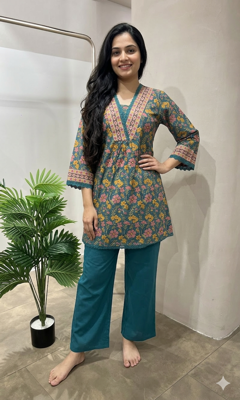 Green FLORAL KURTI WITH BOTTOM