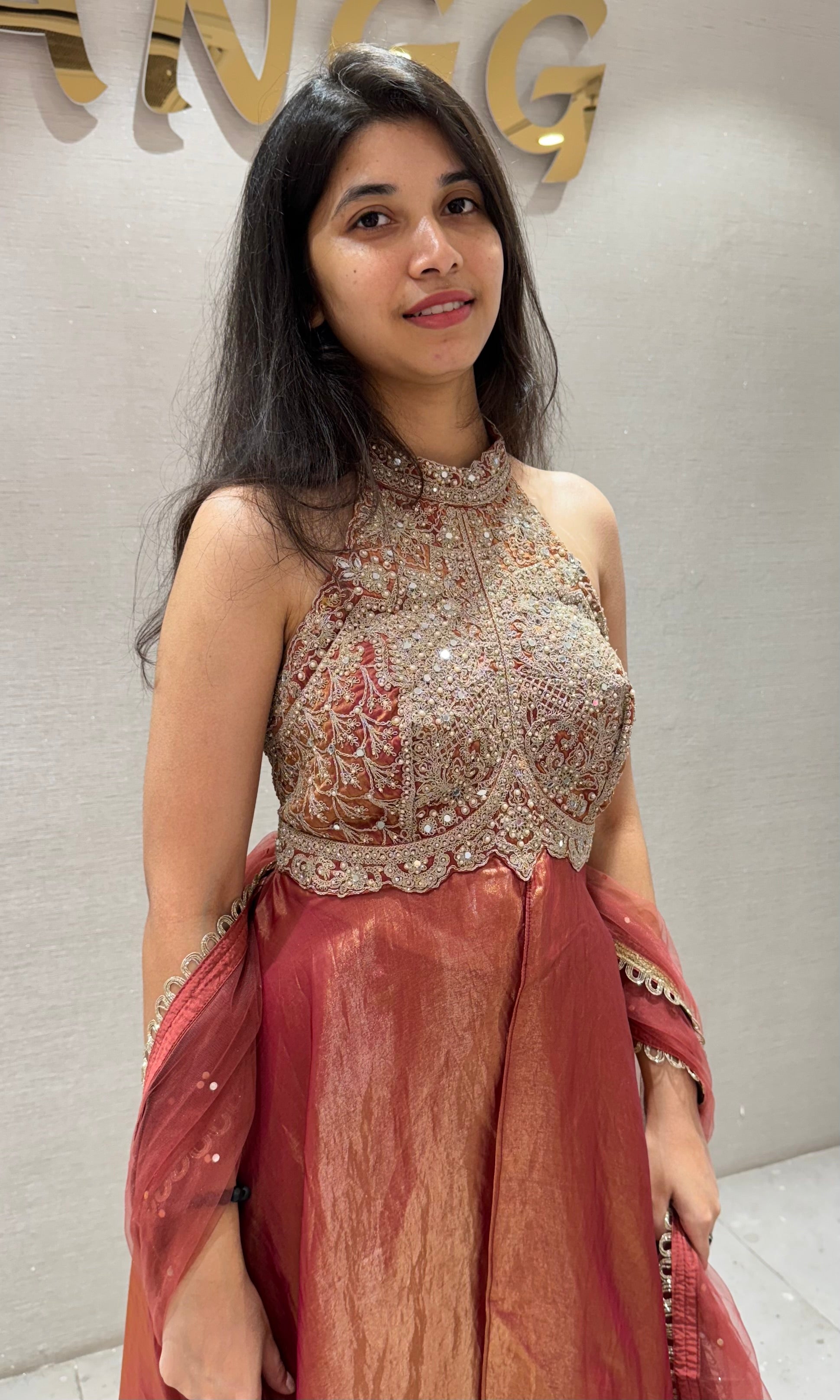 Rust ORANGE HALTER NECK A LINE CUT PALAZZO SET