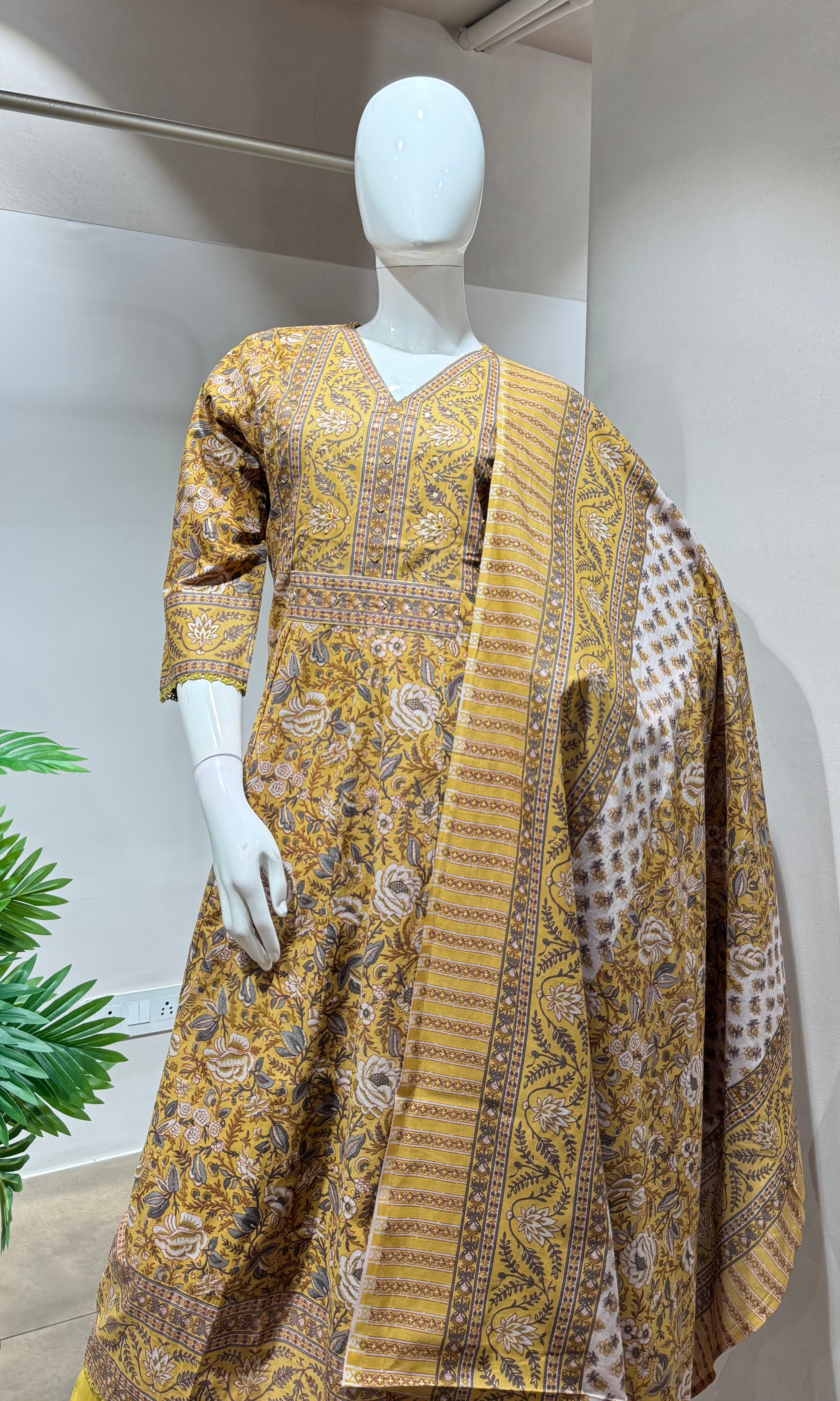 Mustard yellow jaipuri style cotton kurta set