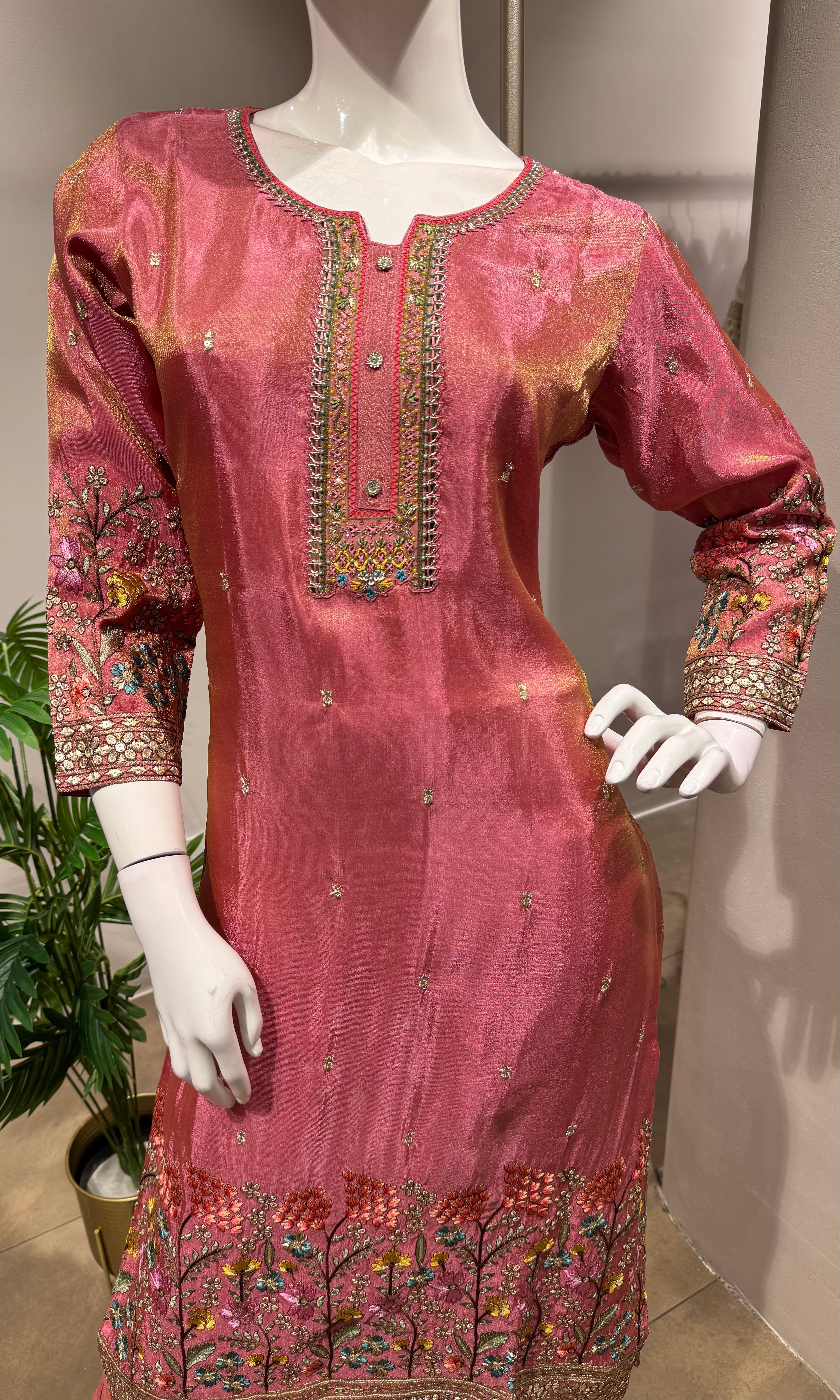 Pink Silk Straight Cut Suit with Zari Detailing