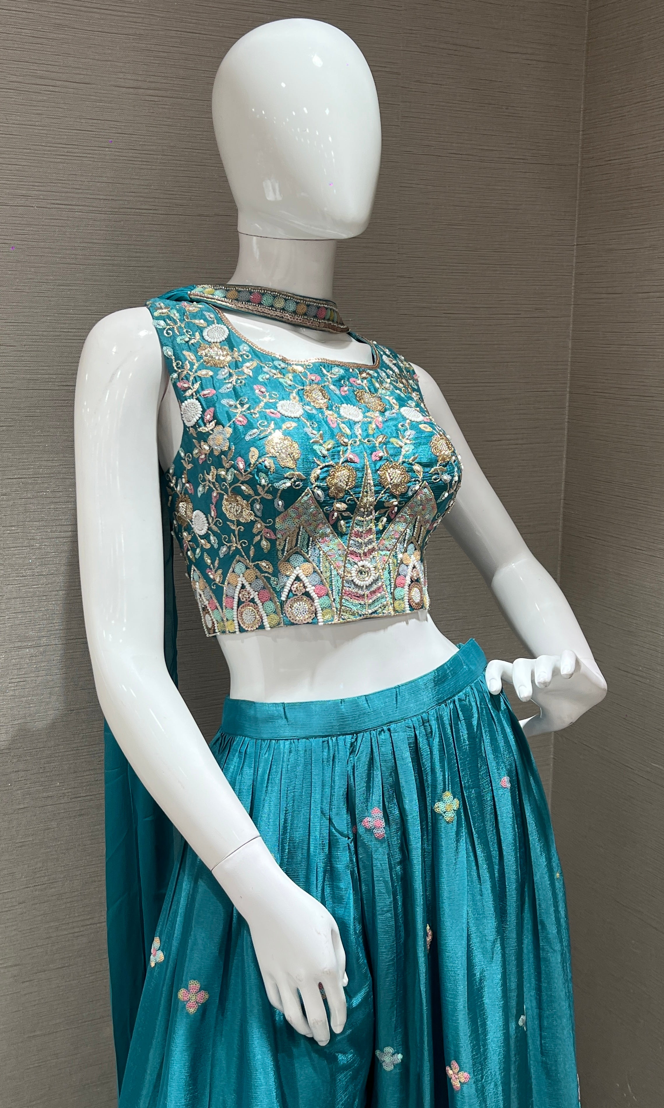 Sea Green Embroidered Crop Top Palazzo Set