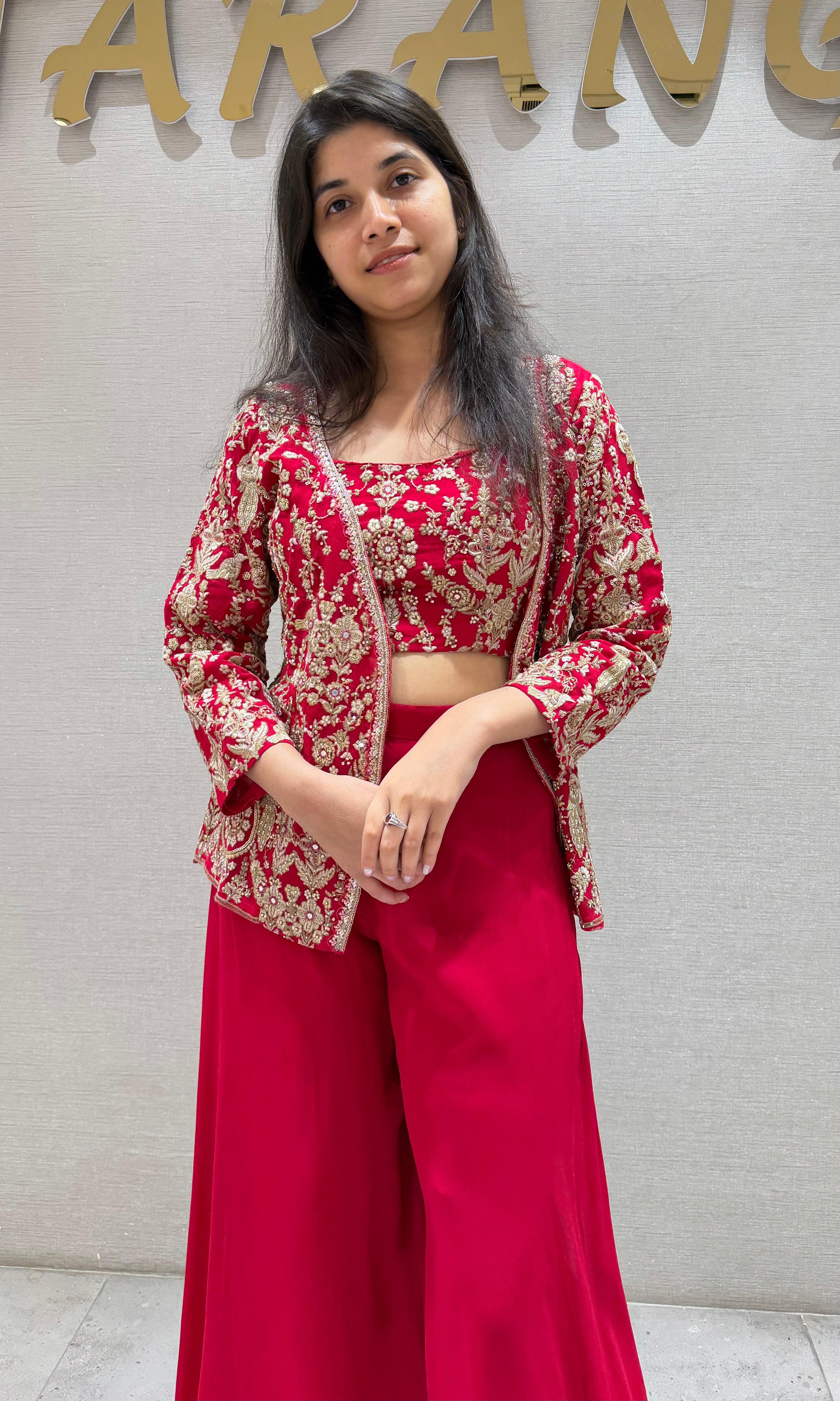 Red EMBROIDERED PALAZZO SET WITH JACKET