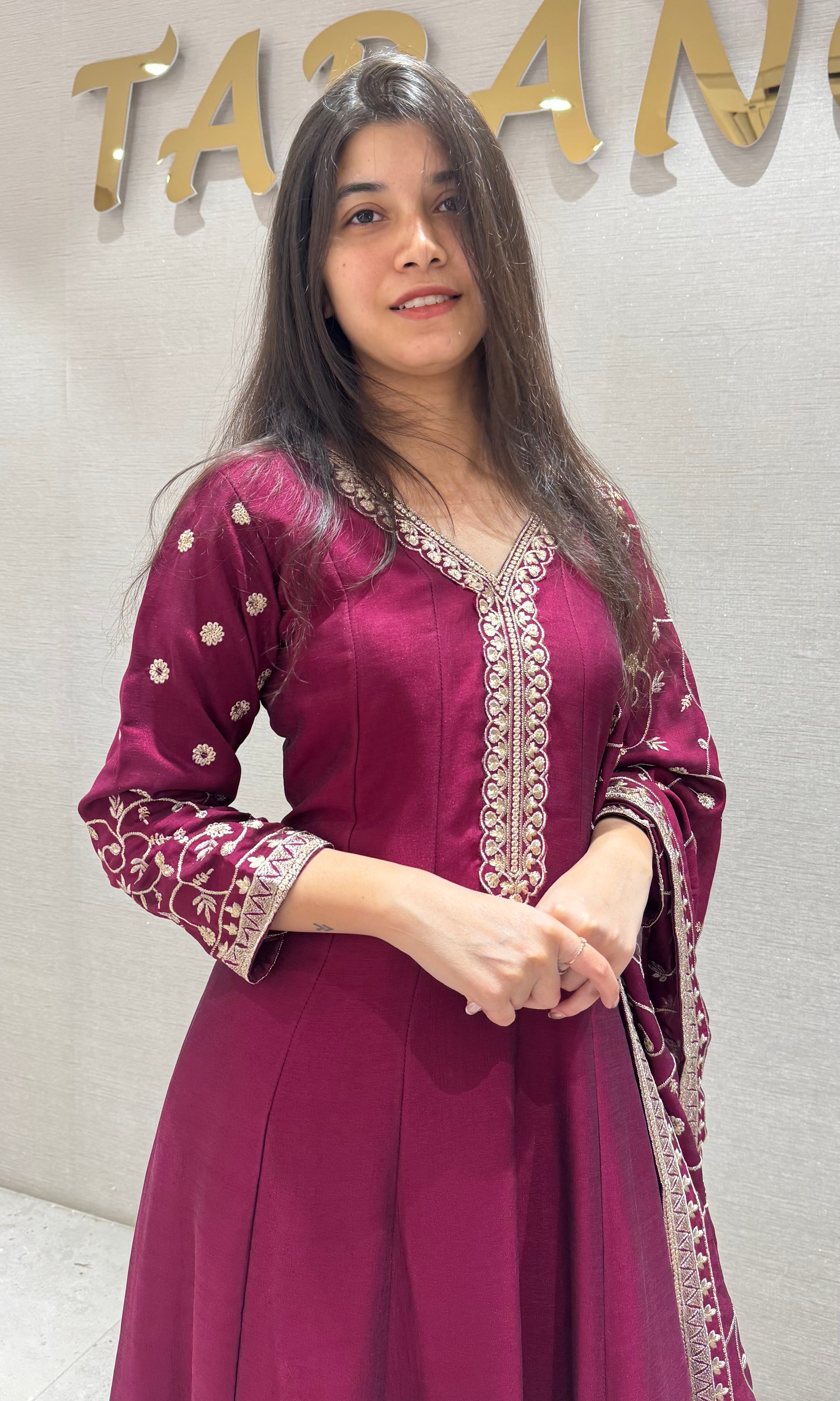 Wine Silk Embroidered Anarkali Set