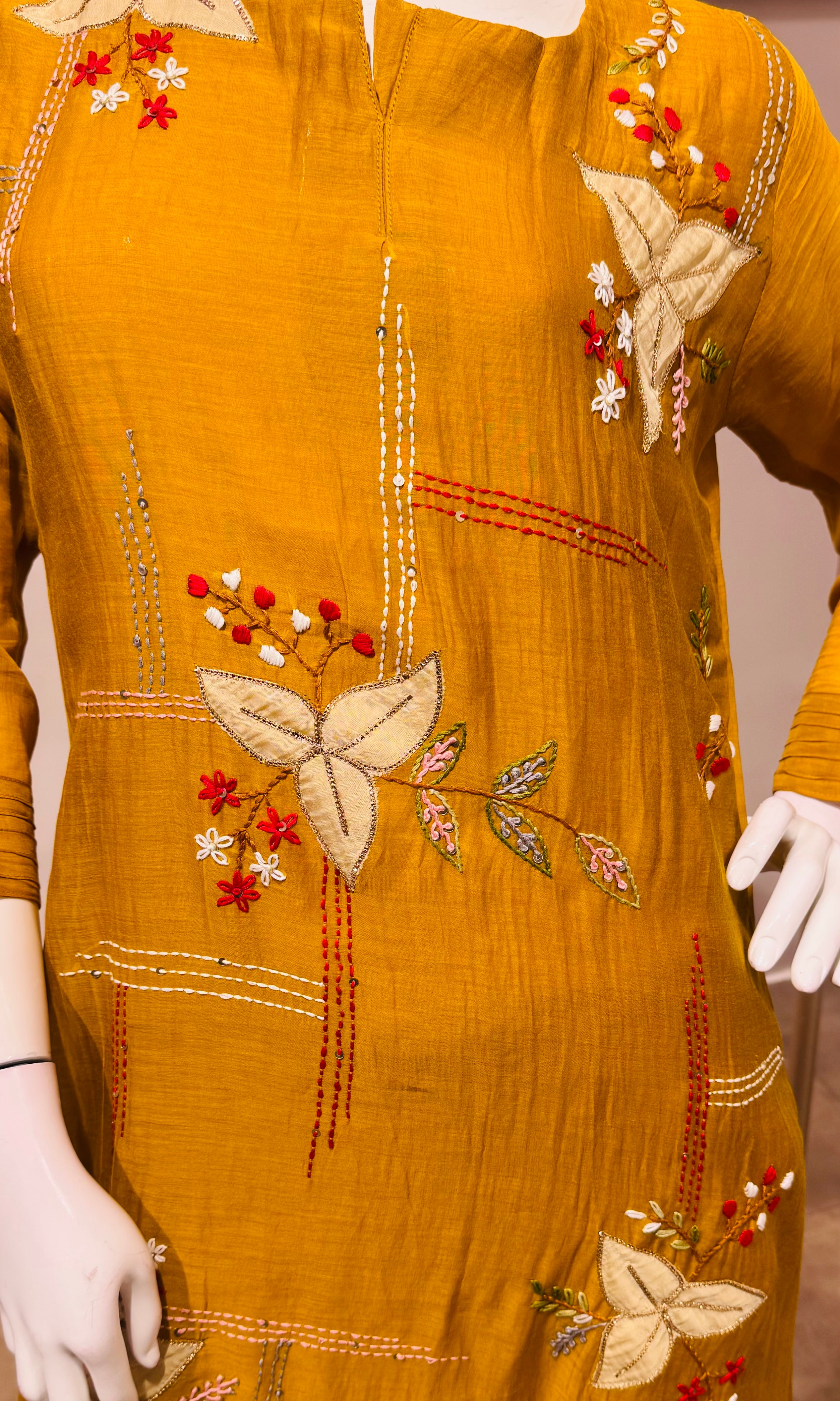 Mustard Elegant Muslin Pleated Chanderi Kurta Set