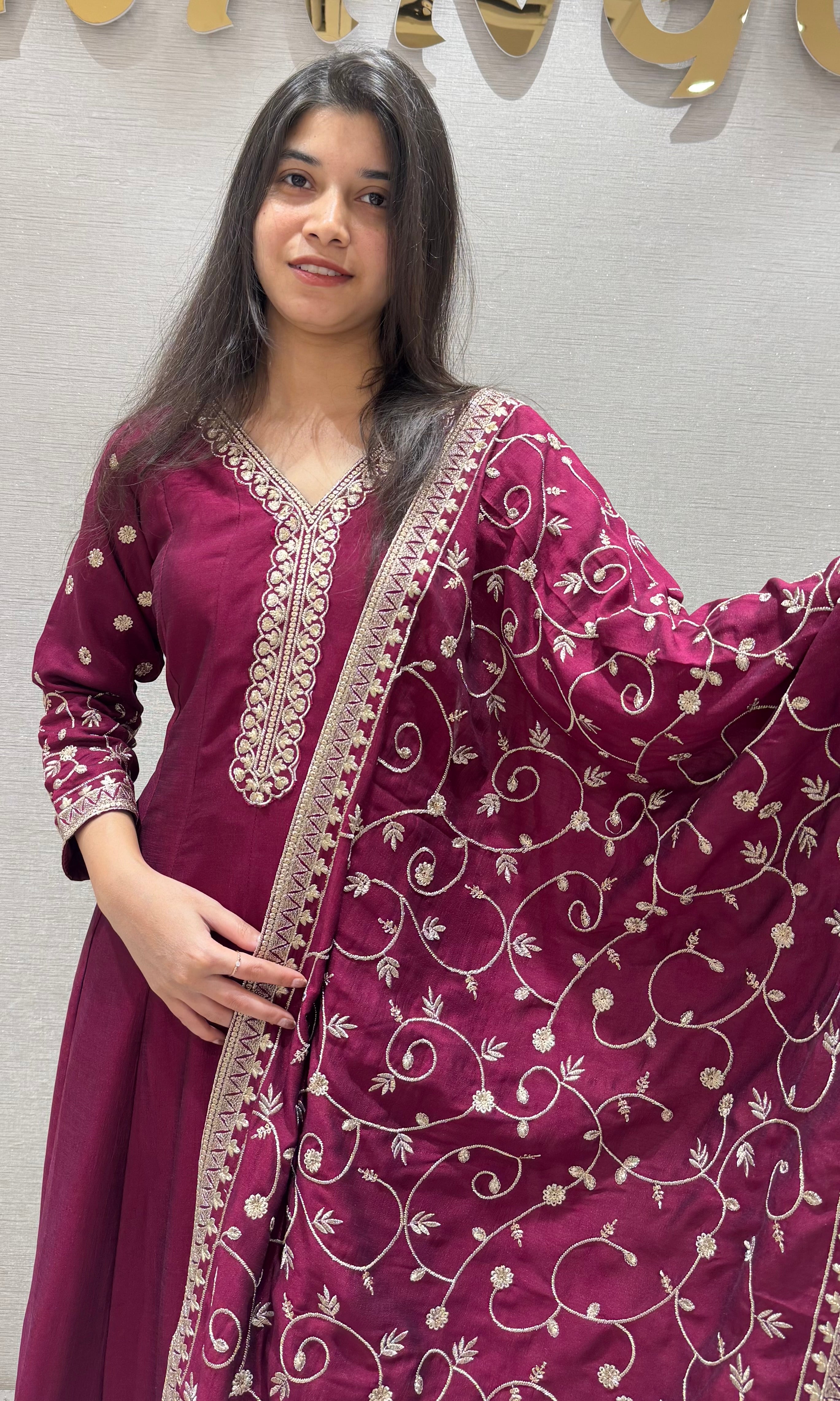 Wine Silk Embroidered Anarkali Set