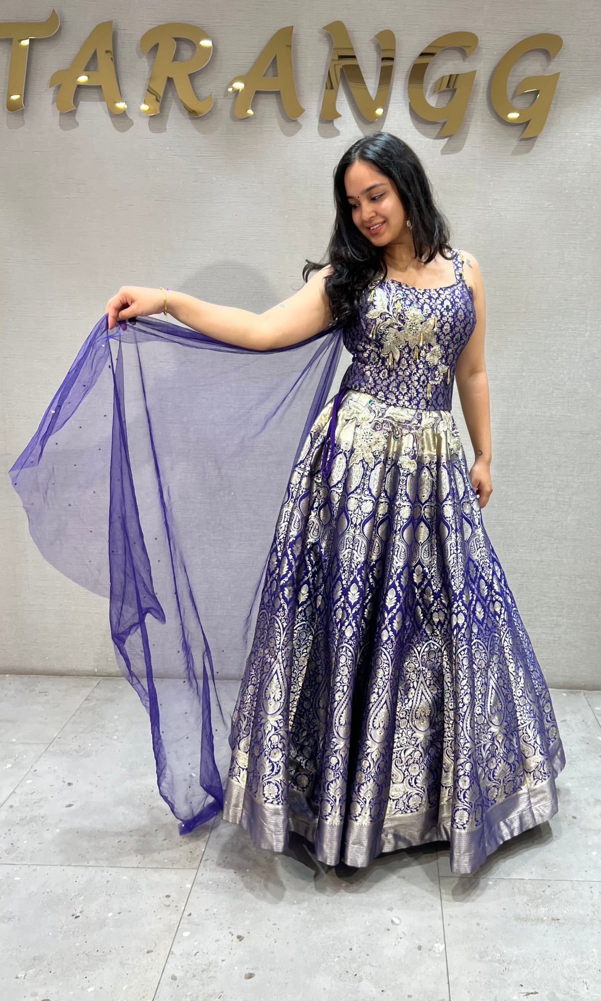 Purple Banarasi lehenga with corset blouse