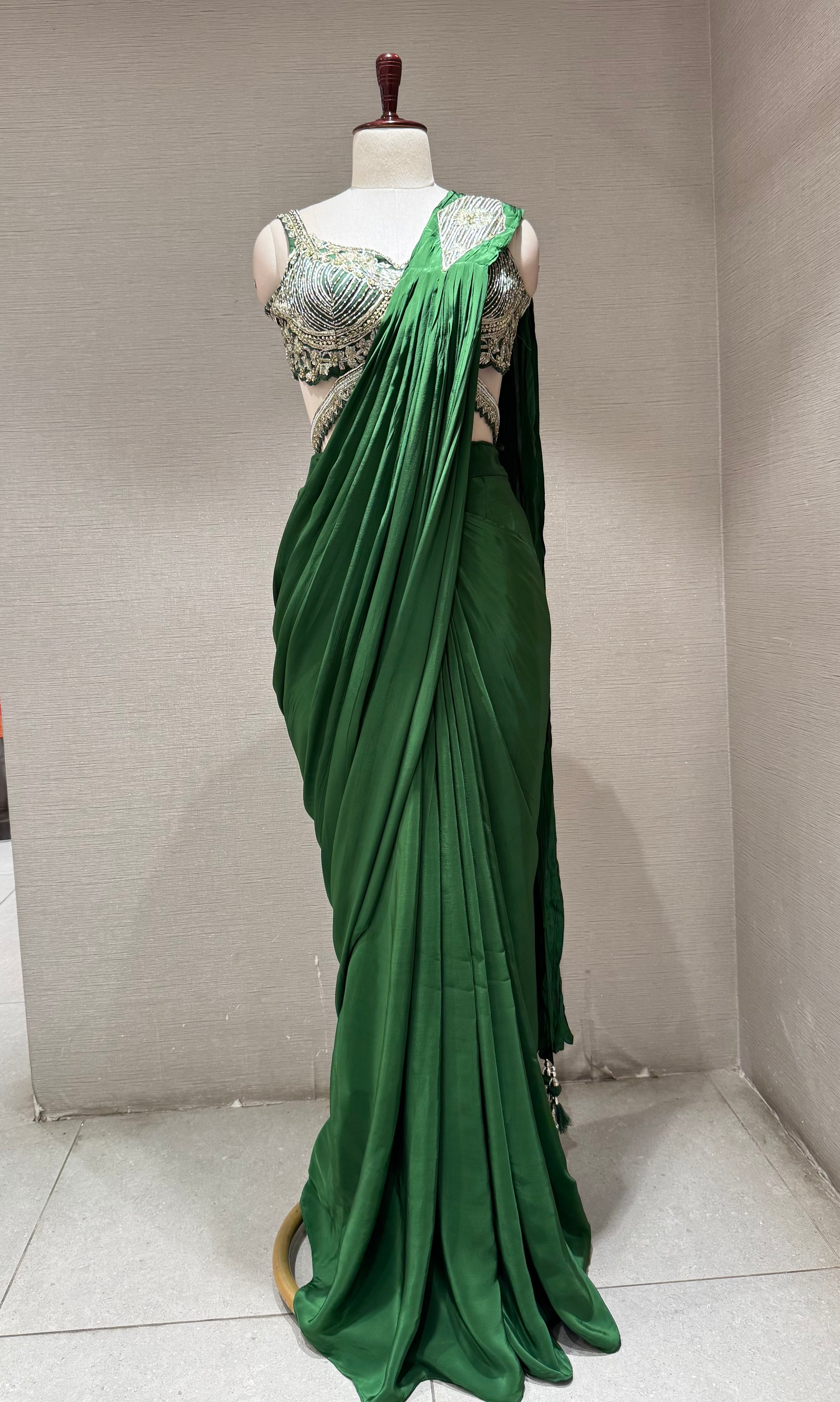 Green Draped Saree with Embellished Silver Blouse