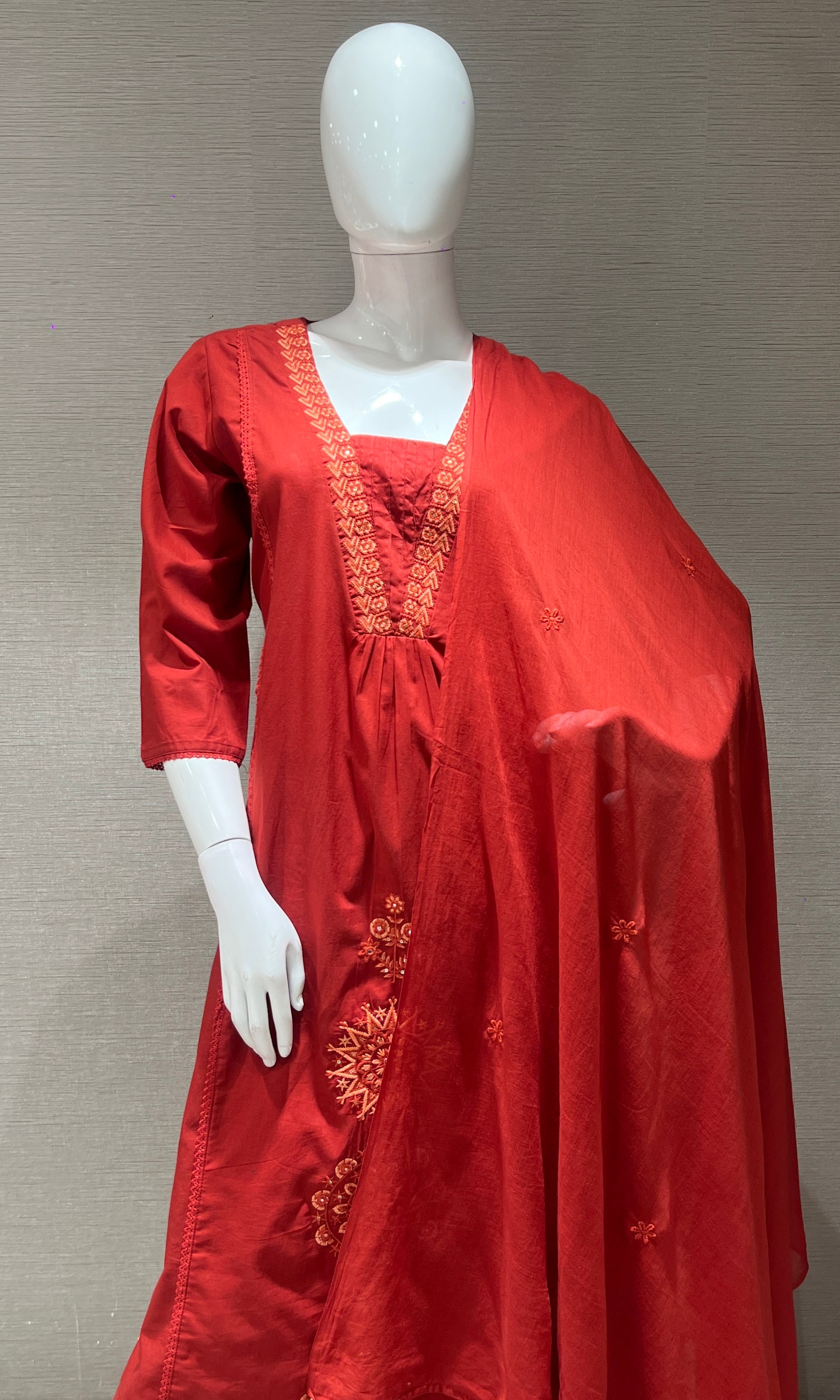 Rust EMBROIDERED kurta set WITH DUPATTA