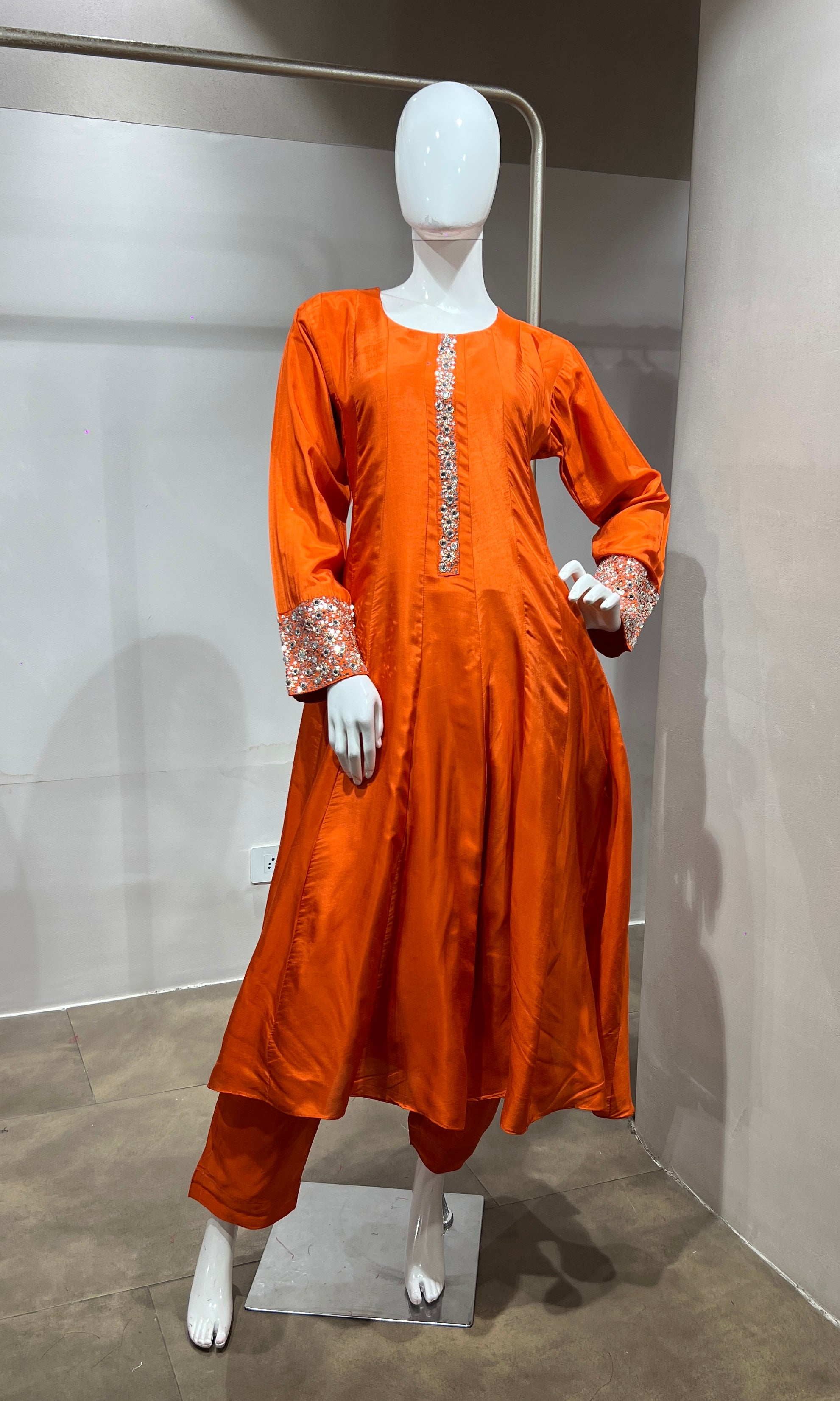 Orange Straight Kurta Set with Mirror Embroidery
