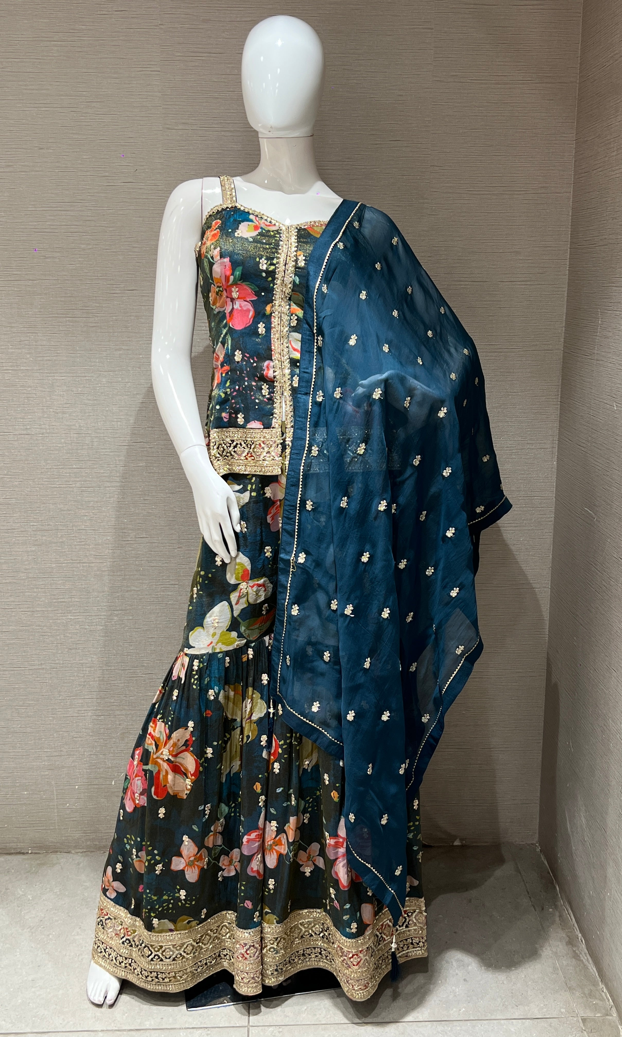 peacock Green floral print sharara set with short blouse