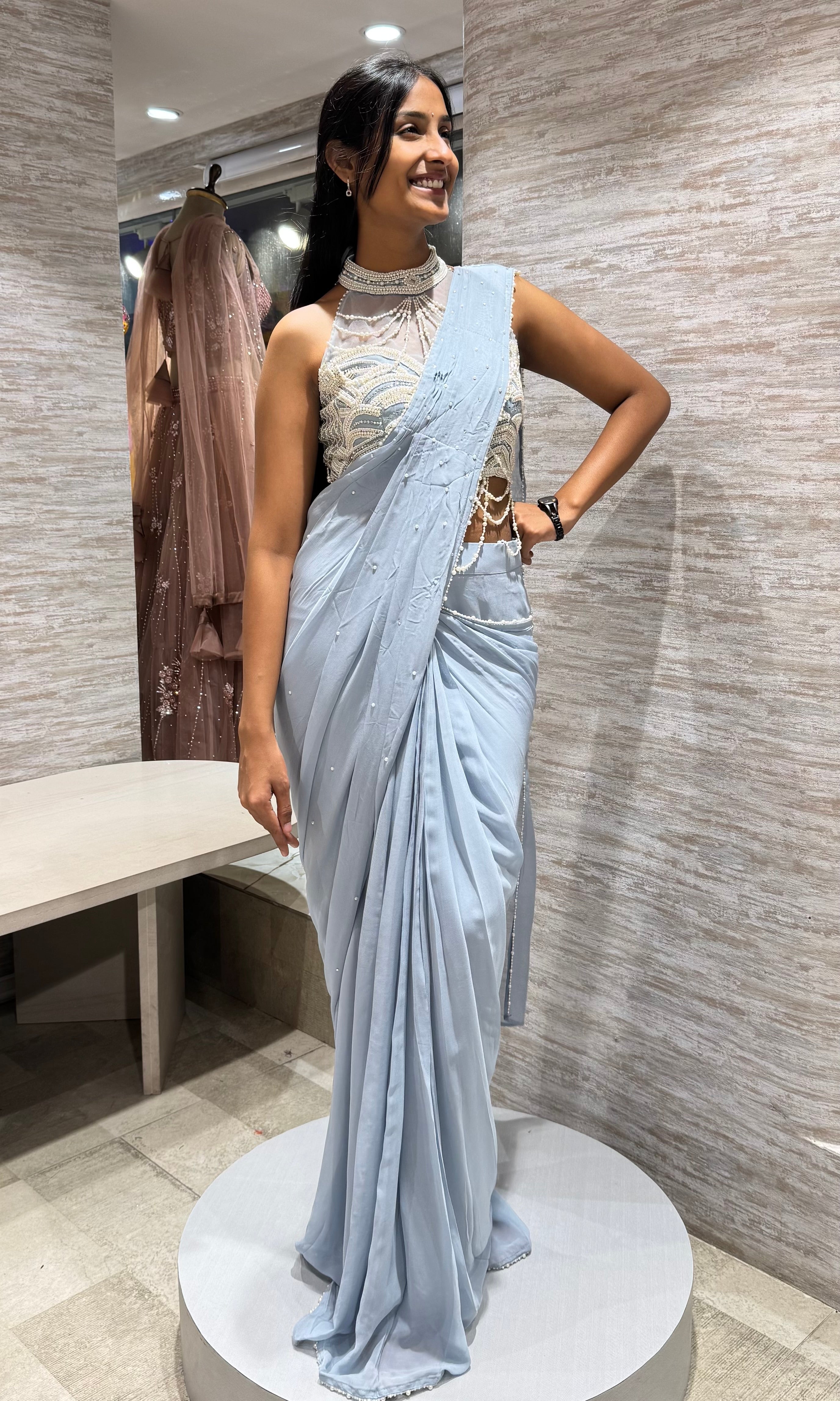 Blue Drape Saree with embellished haler neck