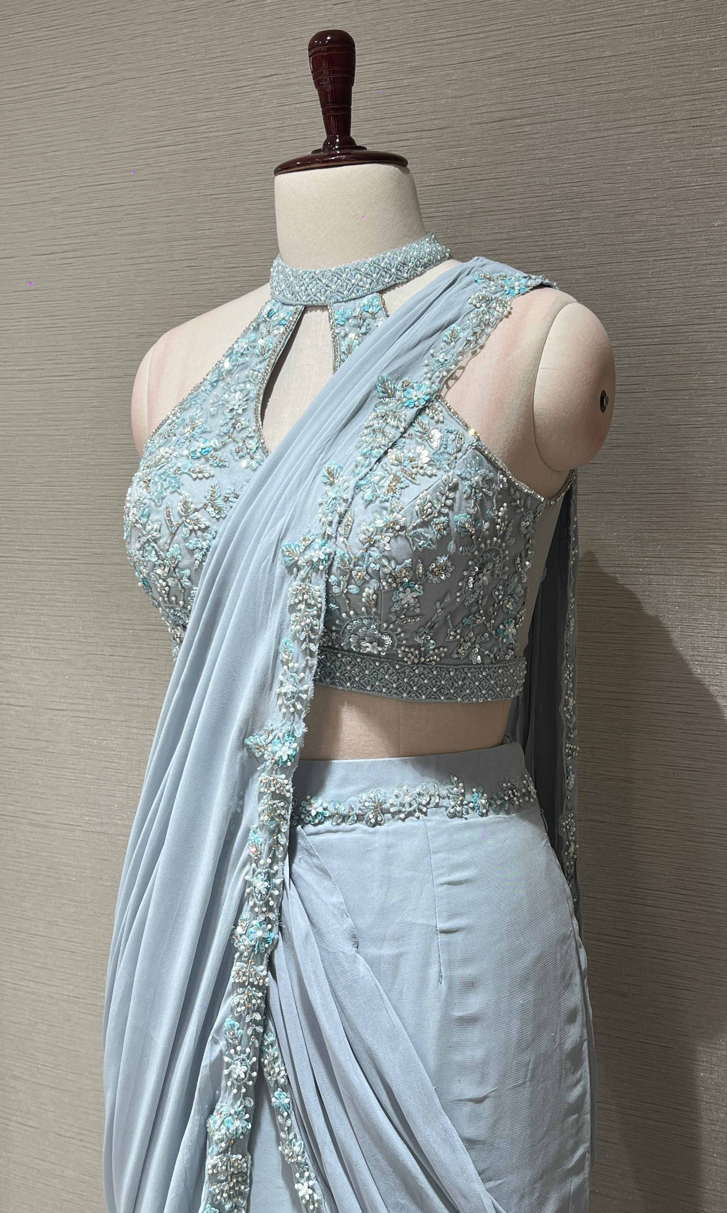 Sea Blue Draped Saree with Halter Blouse