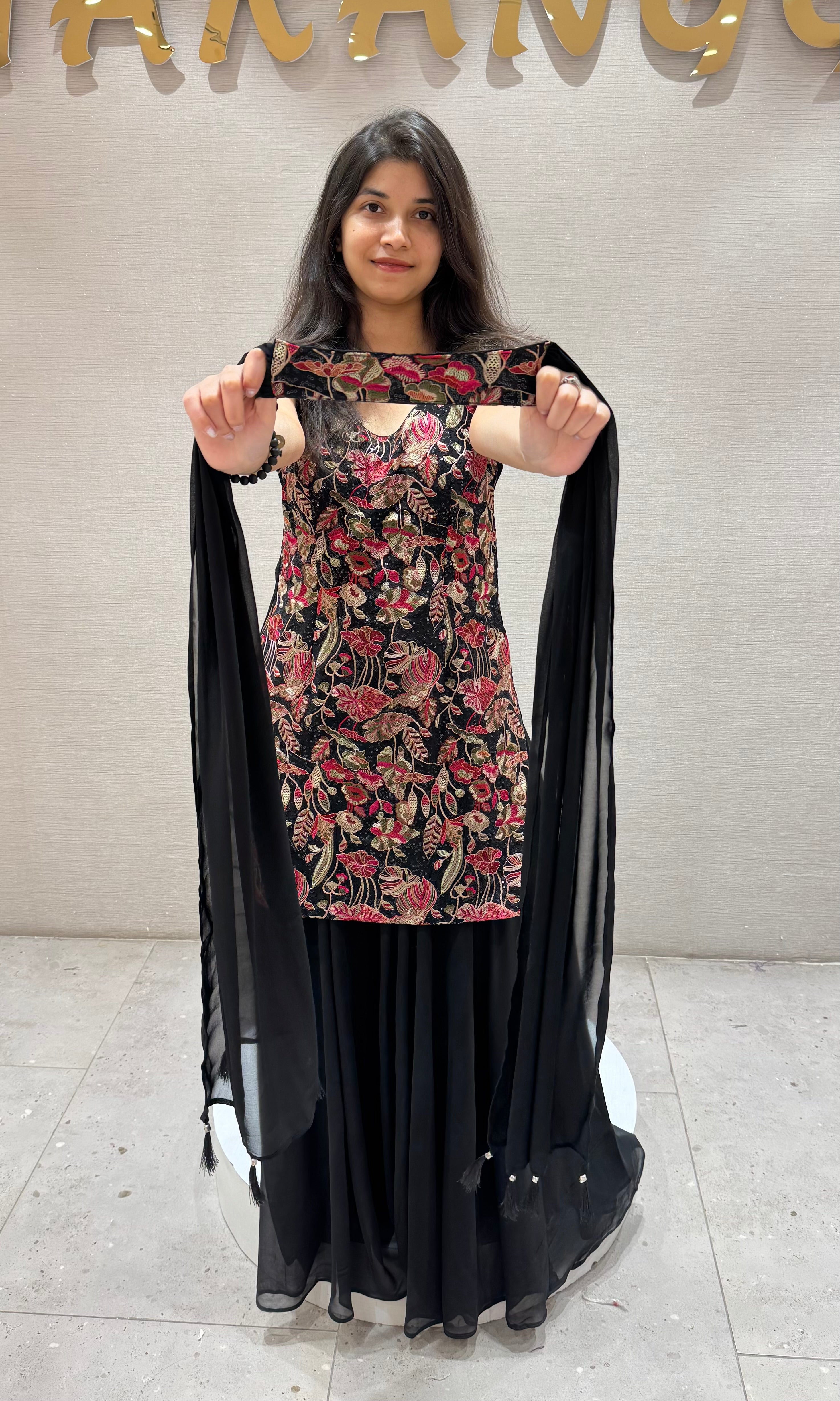Black FLORAL EMBROIDERED SHARARA SET