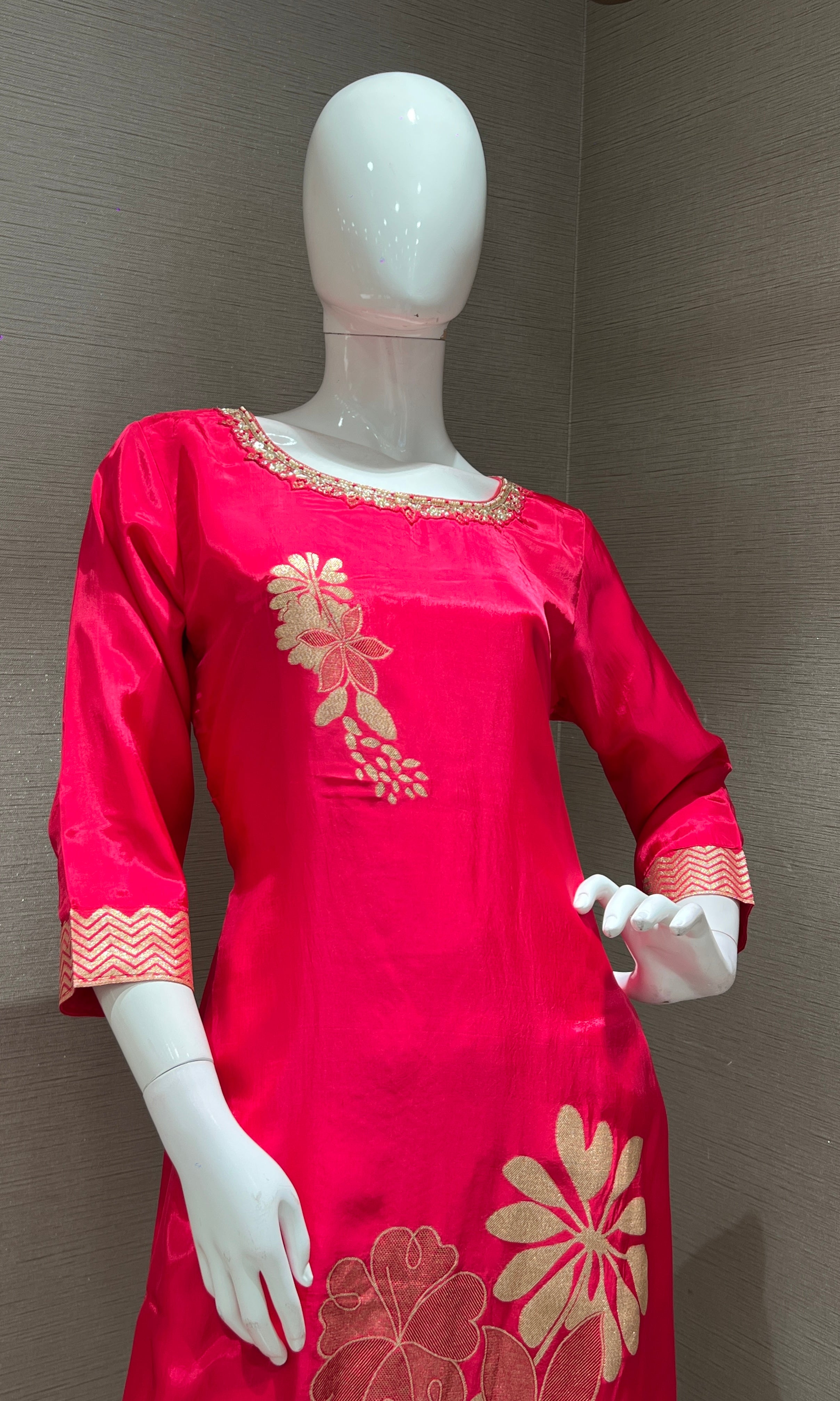rani pink golden FLORAL kurta seT