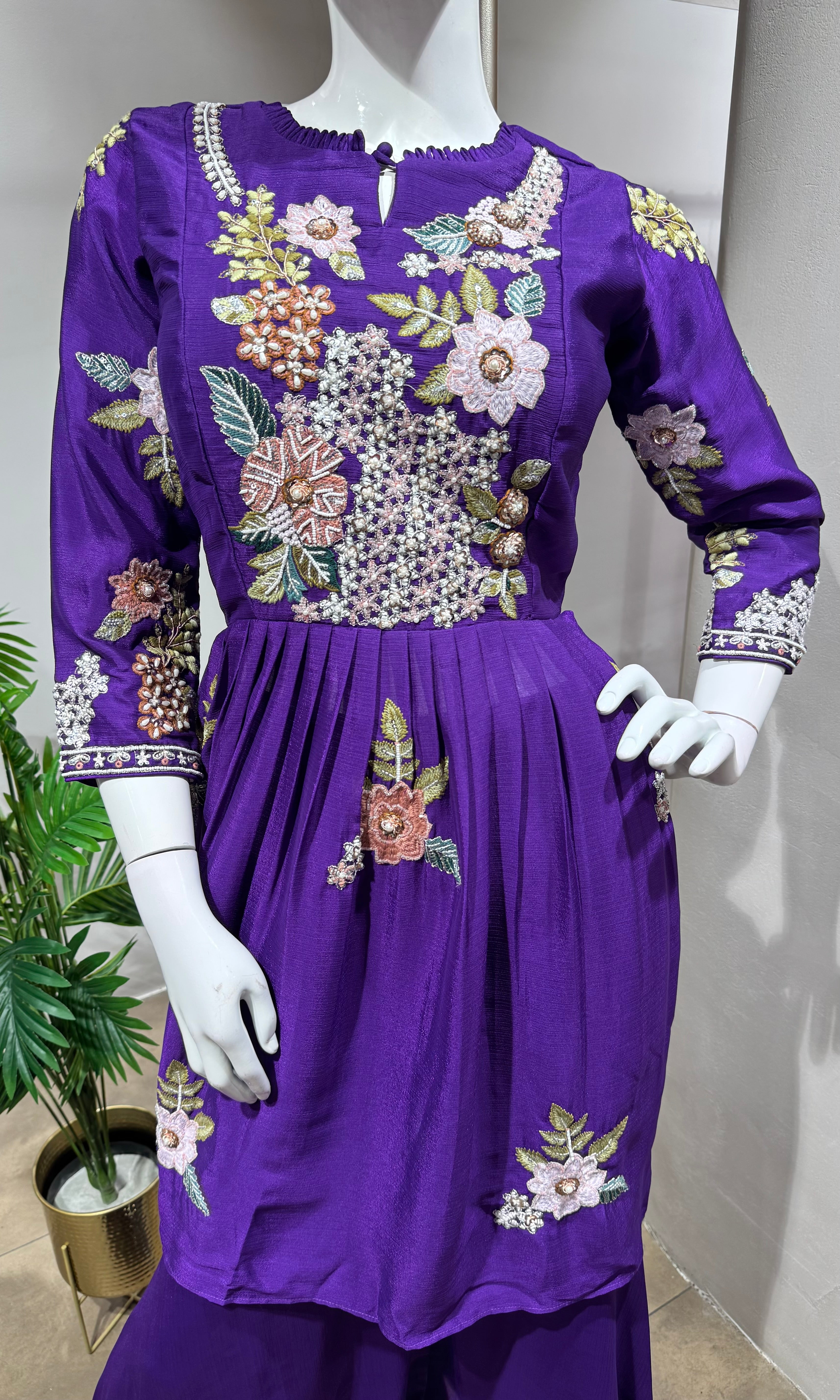 strapless open back dress PURPLE peplum embroidered palazzo set