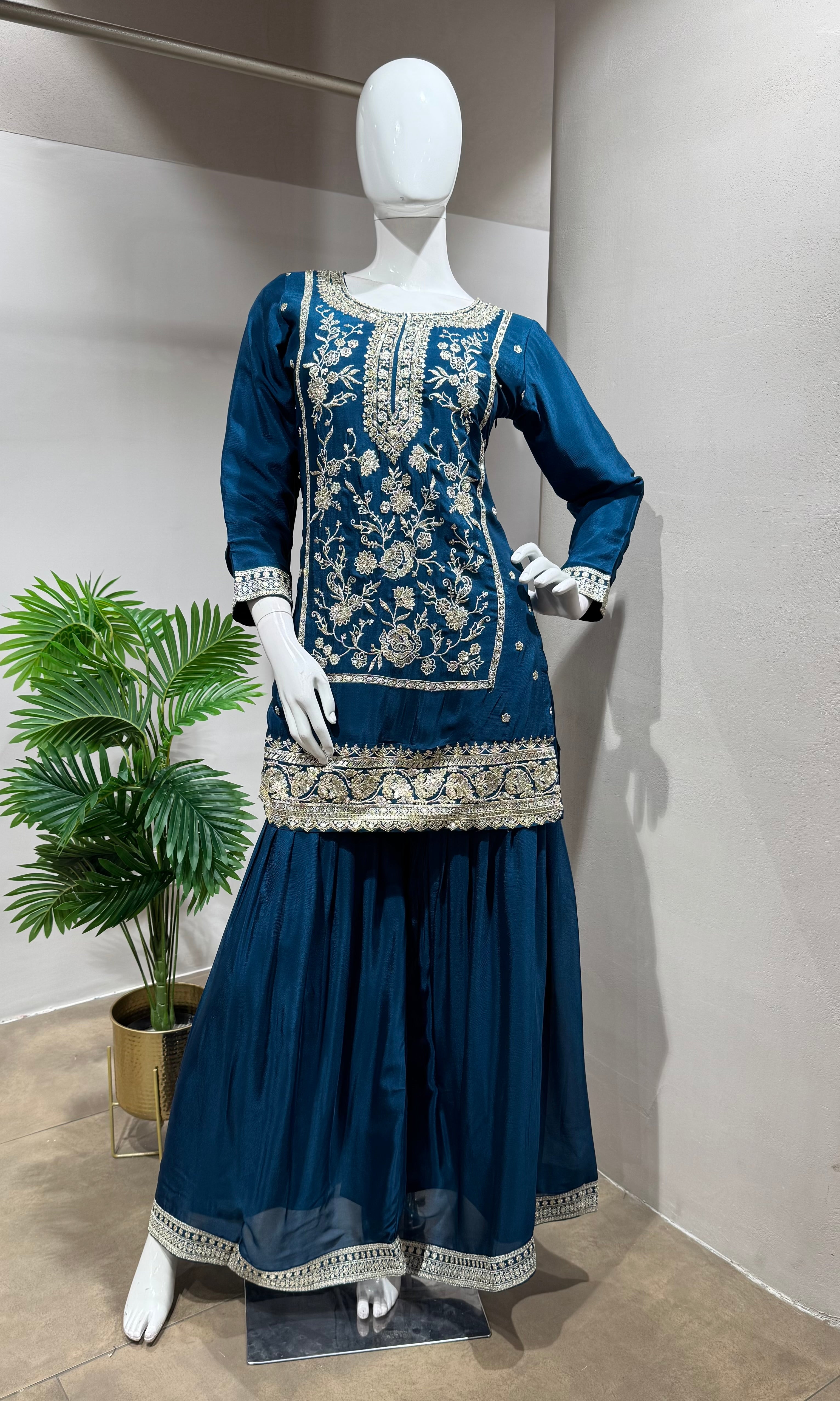 Blue Embroidered Sharara Set