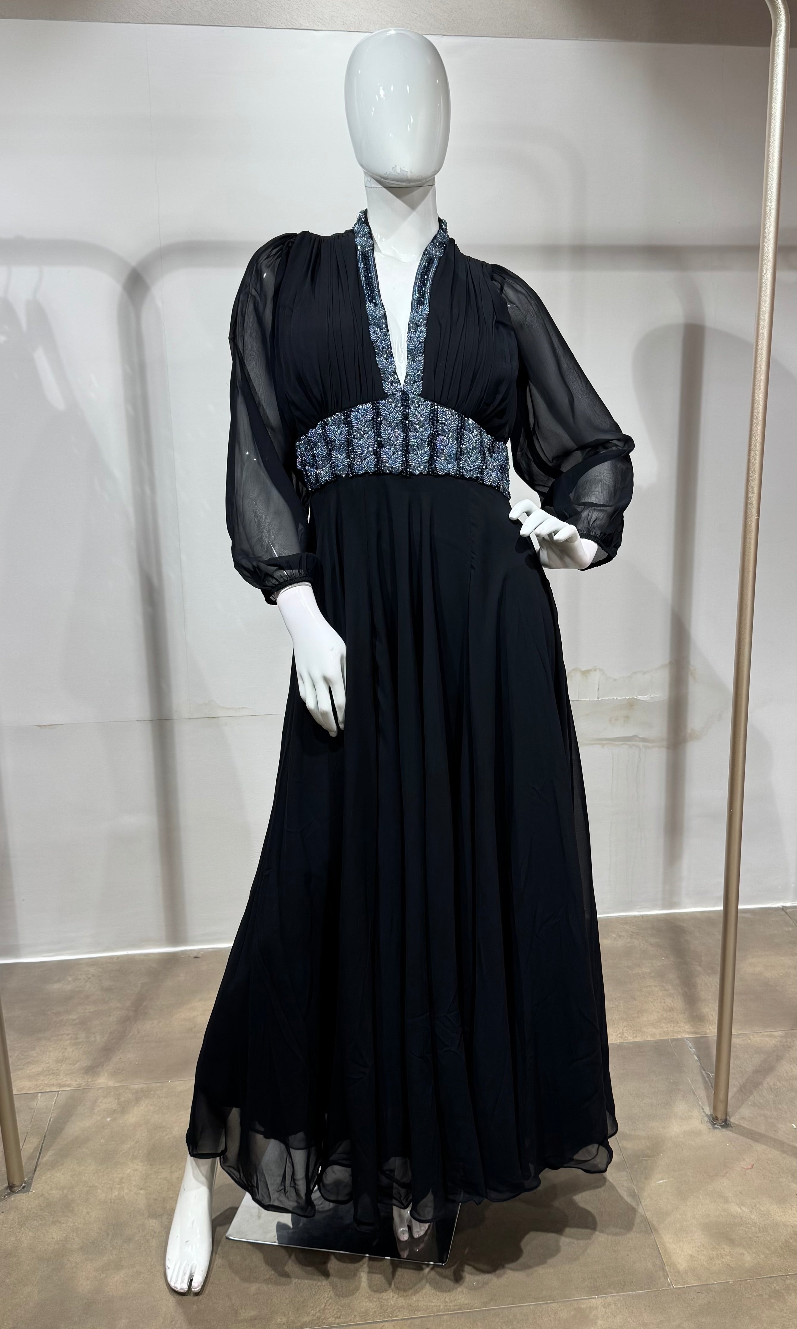 Black Georgette Gown with Silver Embroidery