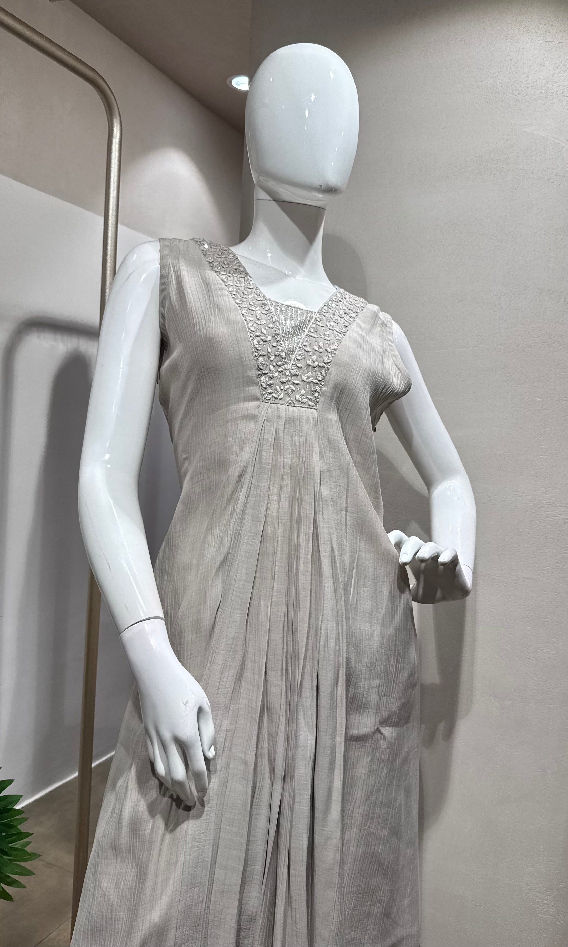 grey embroidered a line kurta set