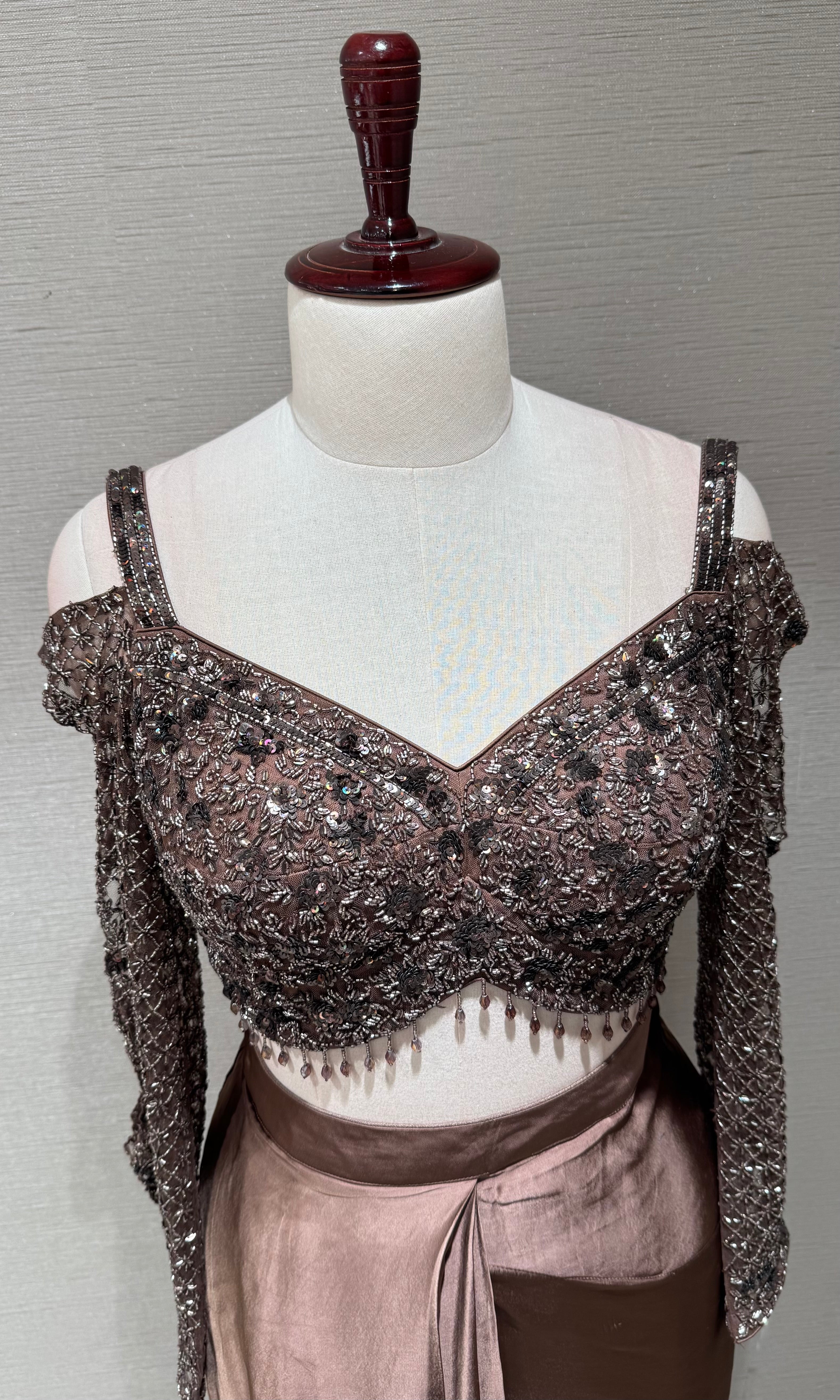 Chocolate Brown Draped Satin Saree Set