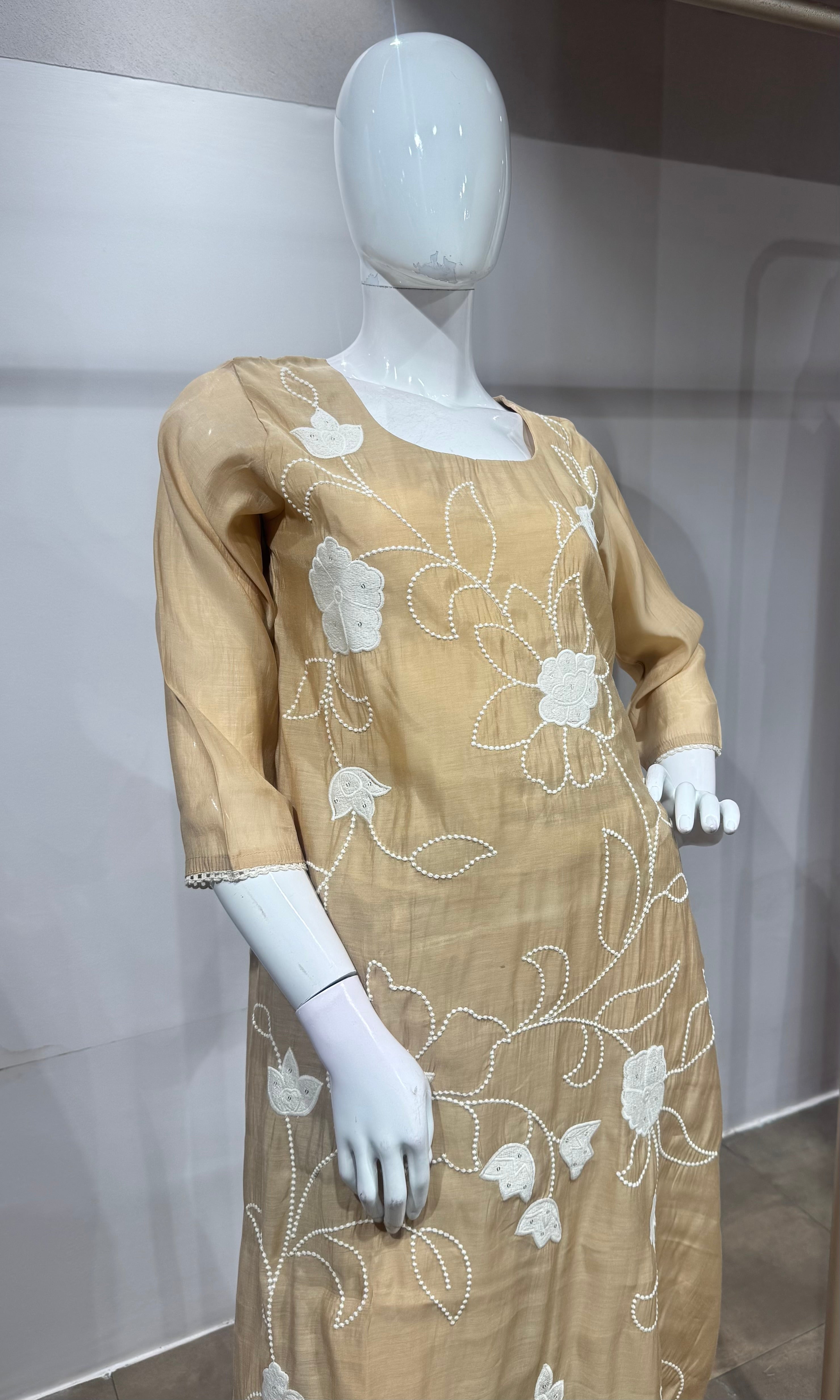 Beige Floral Thread Embroidered Kurta Set