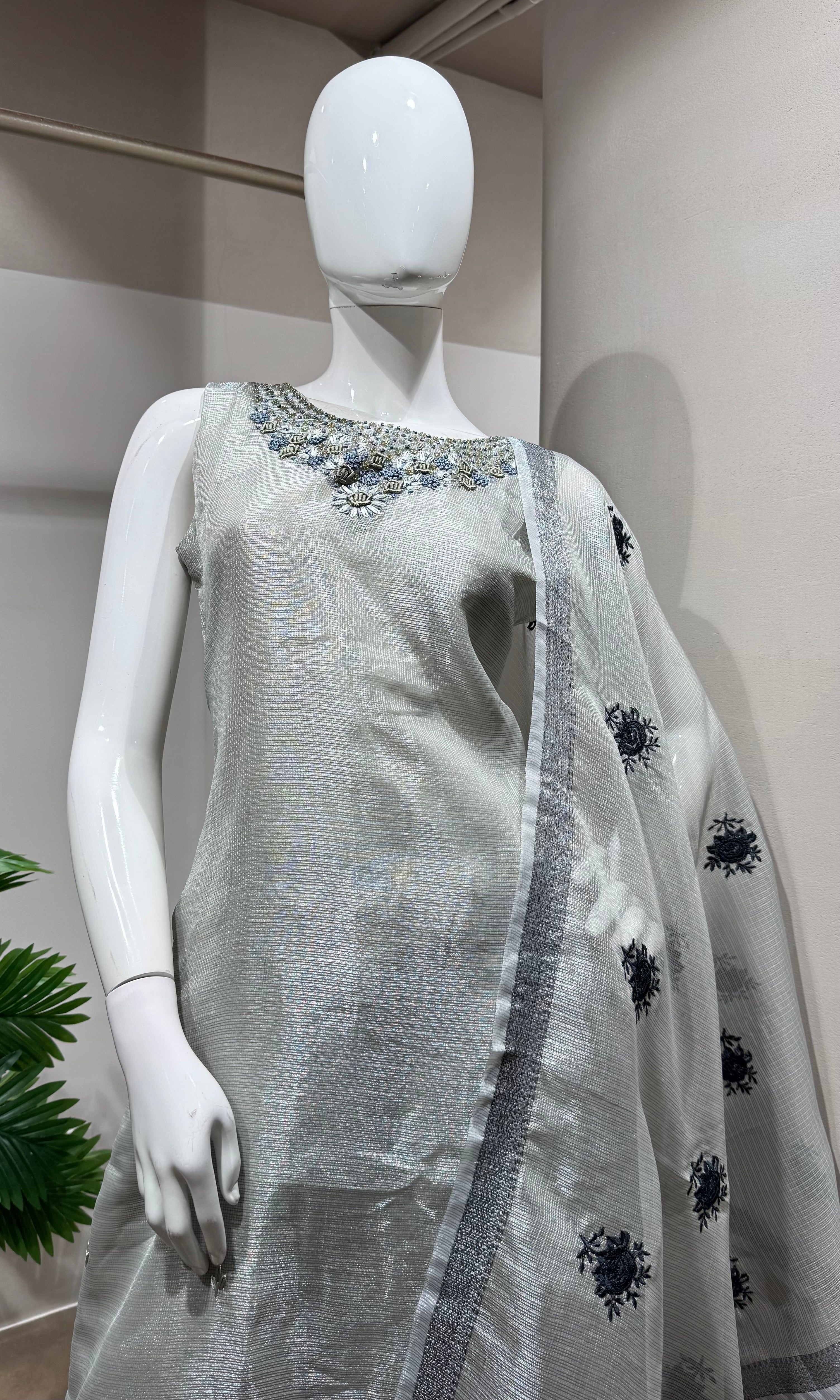 Grey Embroidered Chanderi Salwar KURTA Set