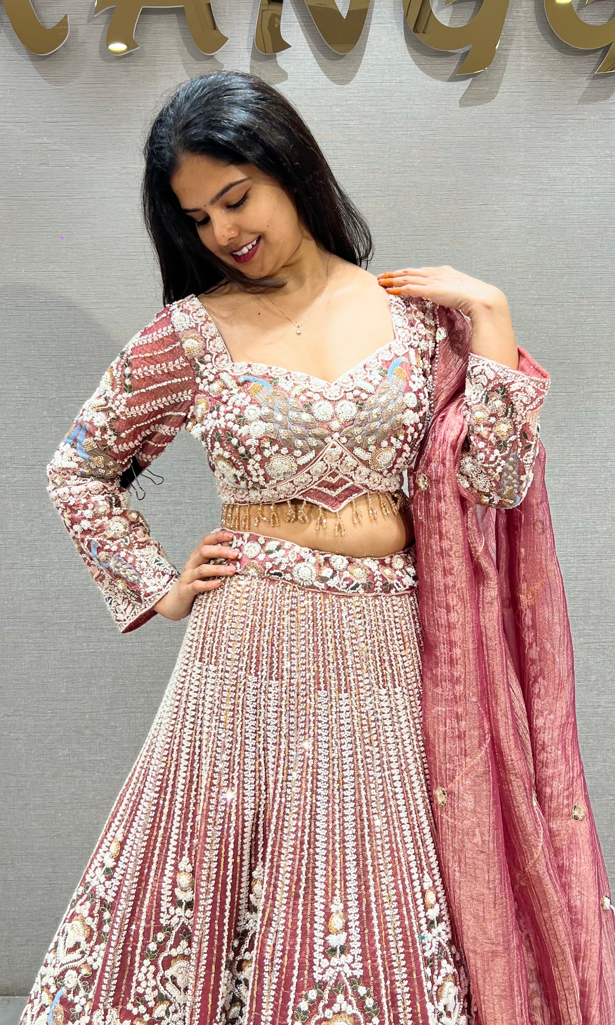 Light Pink Floral silk Embroidered Bridal Lehenga Set with Dupatta
