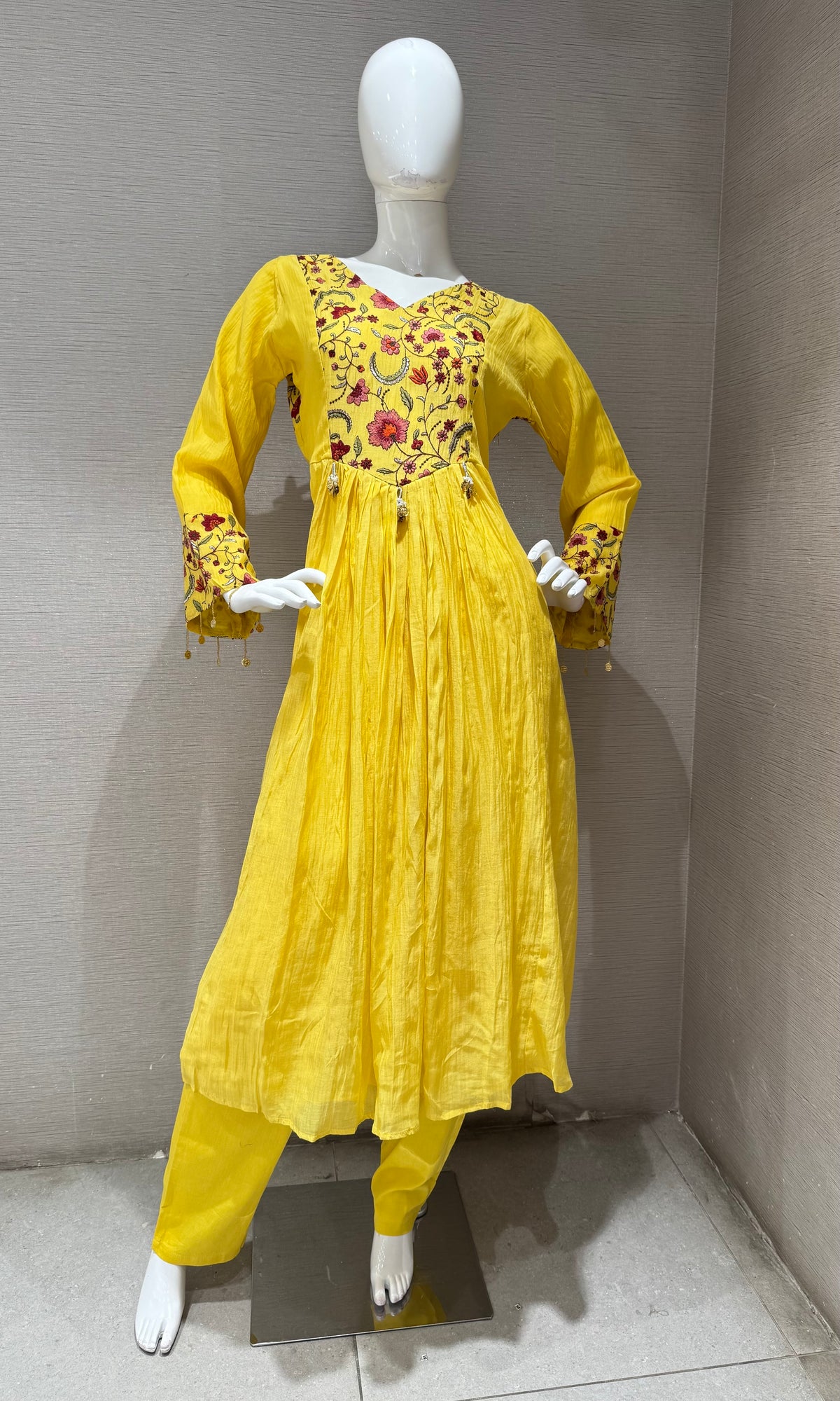 Yellow Floral Embroidery Cotton Kurta Set with dupatta