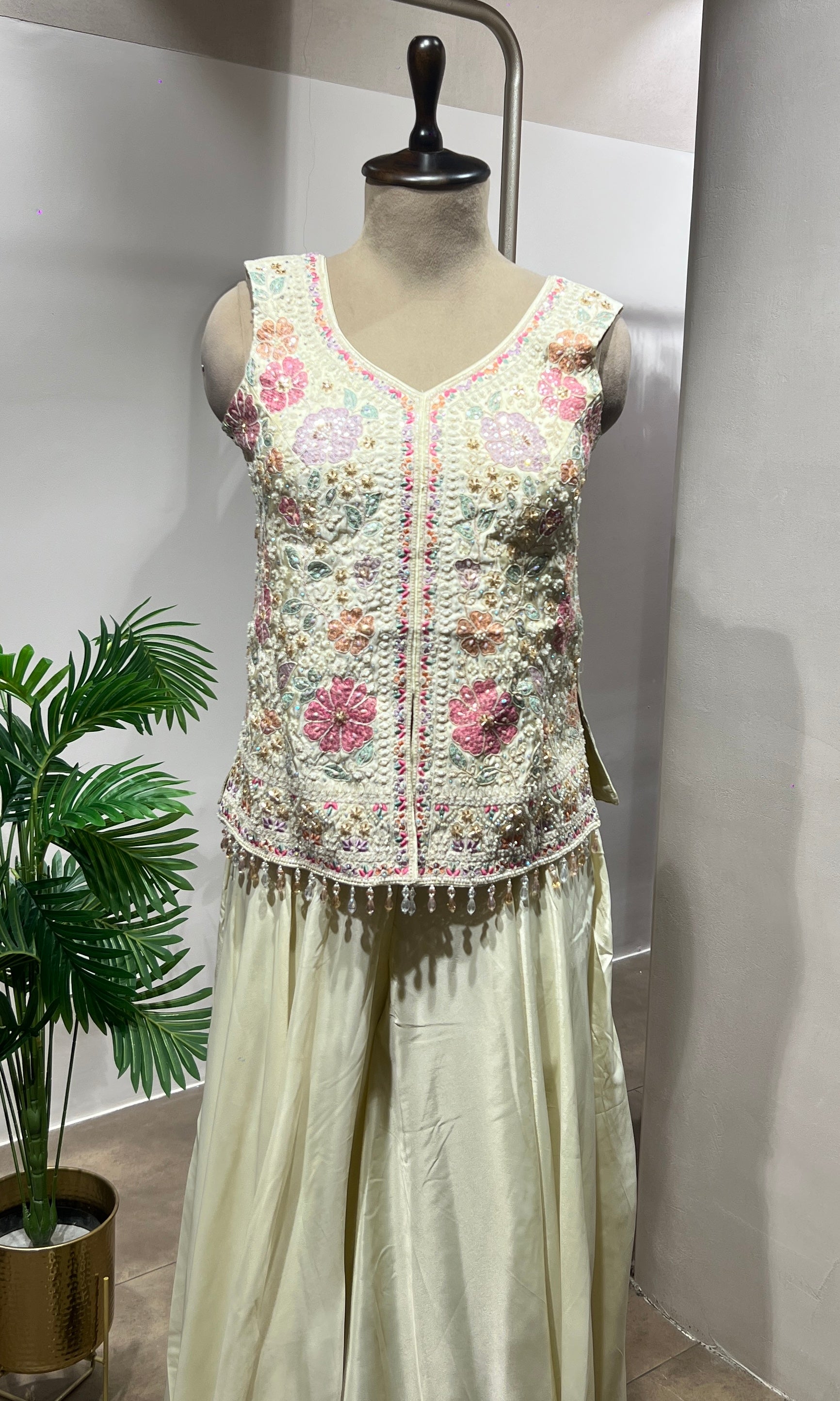 Cream Floral Embroidered Palazzo Suit