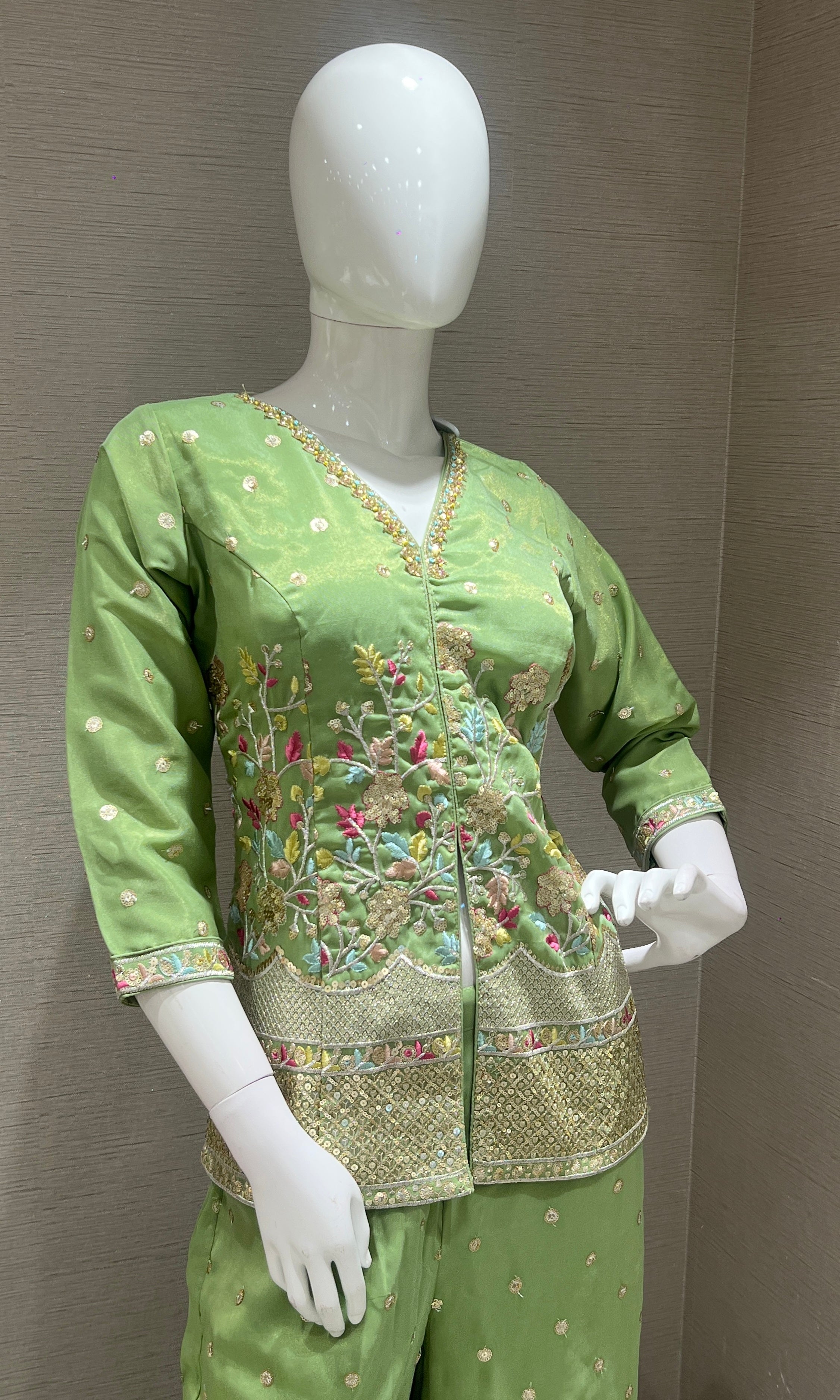 Pista Green Floral Embroidered Palazzo set