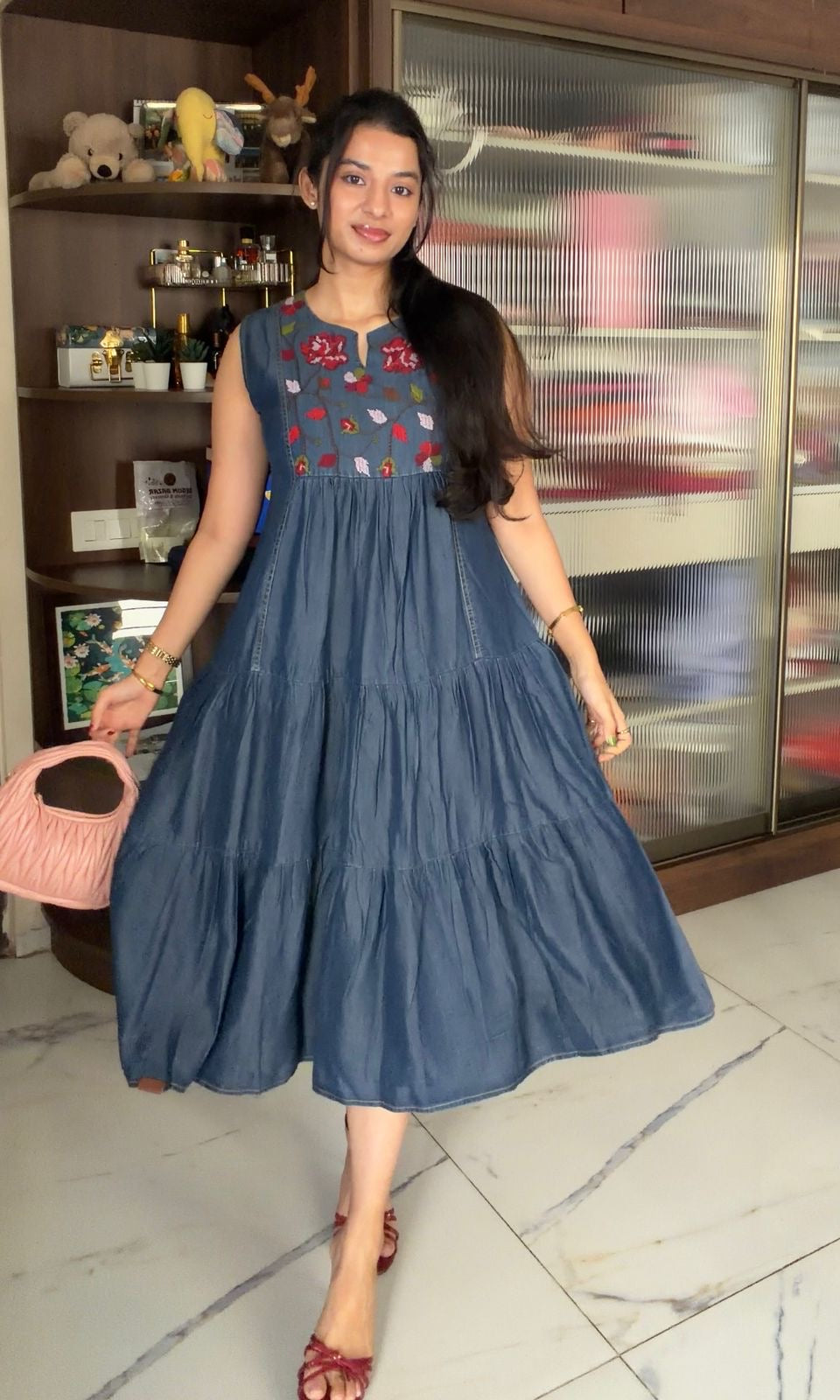 Denim blue dress with floral embroidery