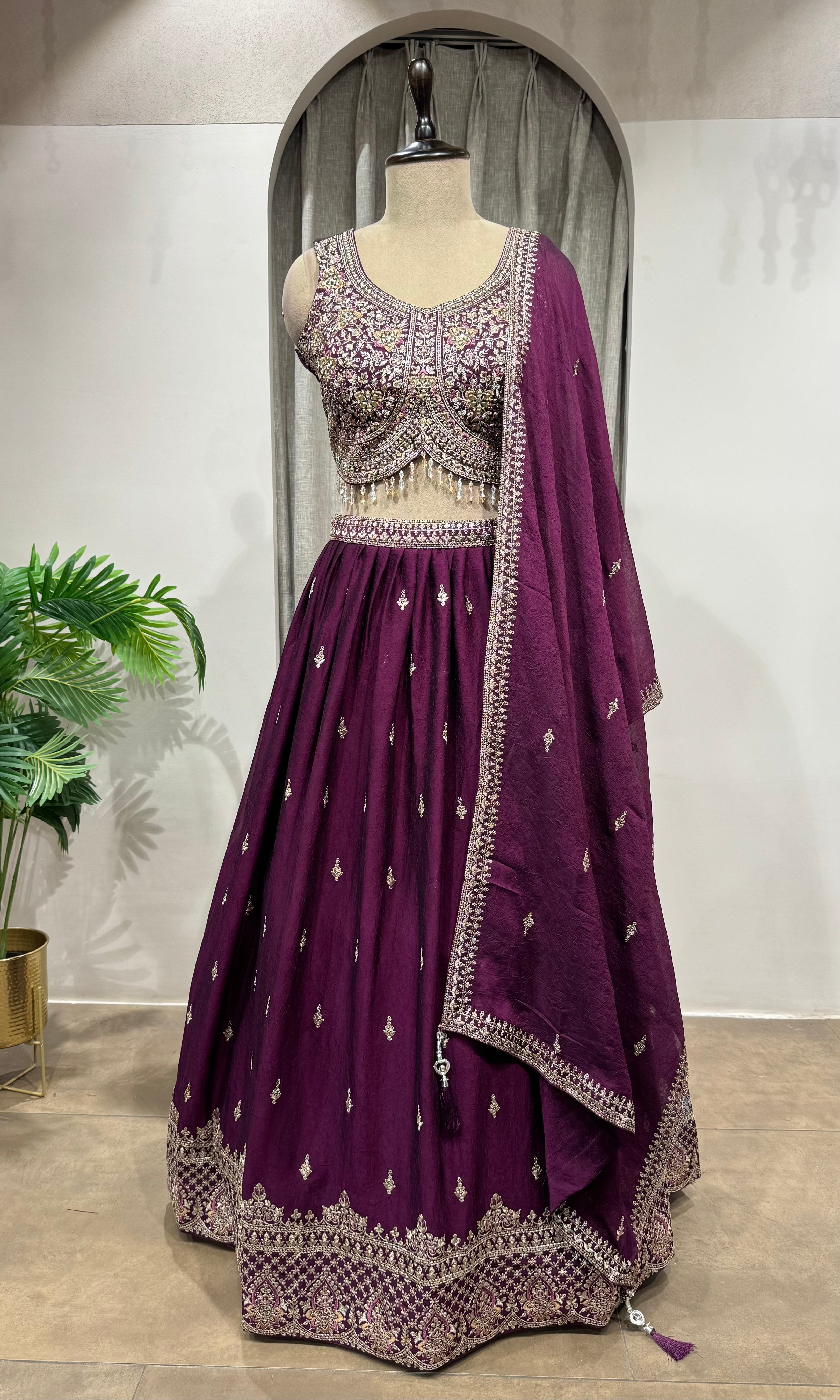 Wine Faux Silk Embroidered Sequins Lehenga Choli