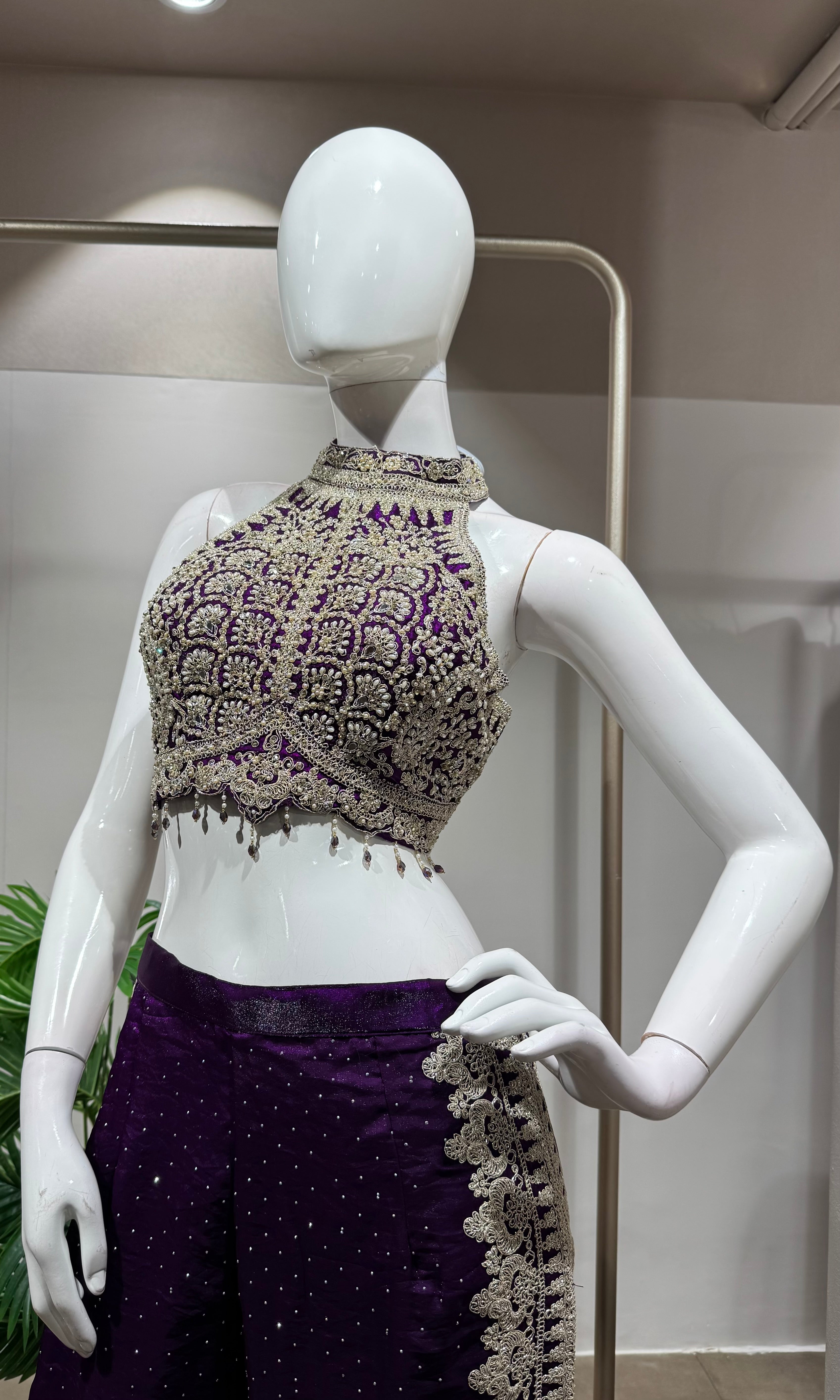 PURPLE EMBROIDERED HALTER CROP TOP PALAZZO SET
