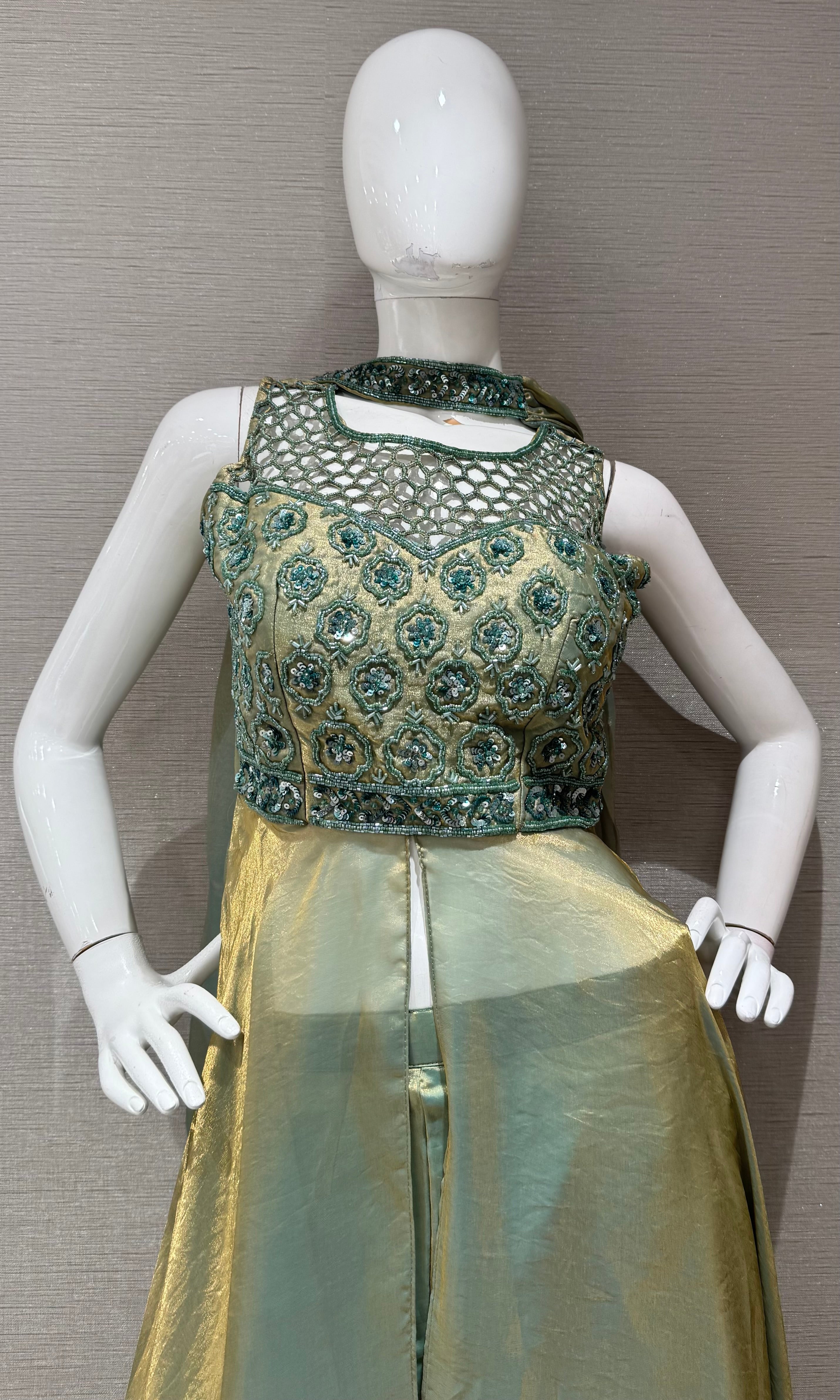 Pista green shimmer front slit anarkali palazzo set