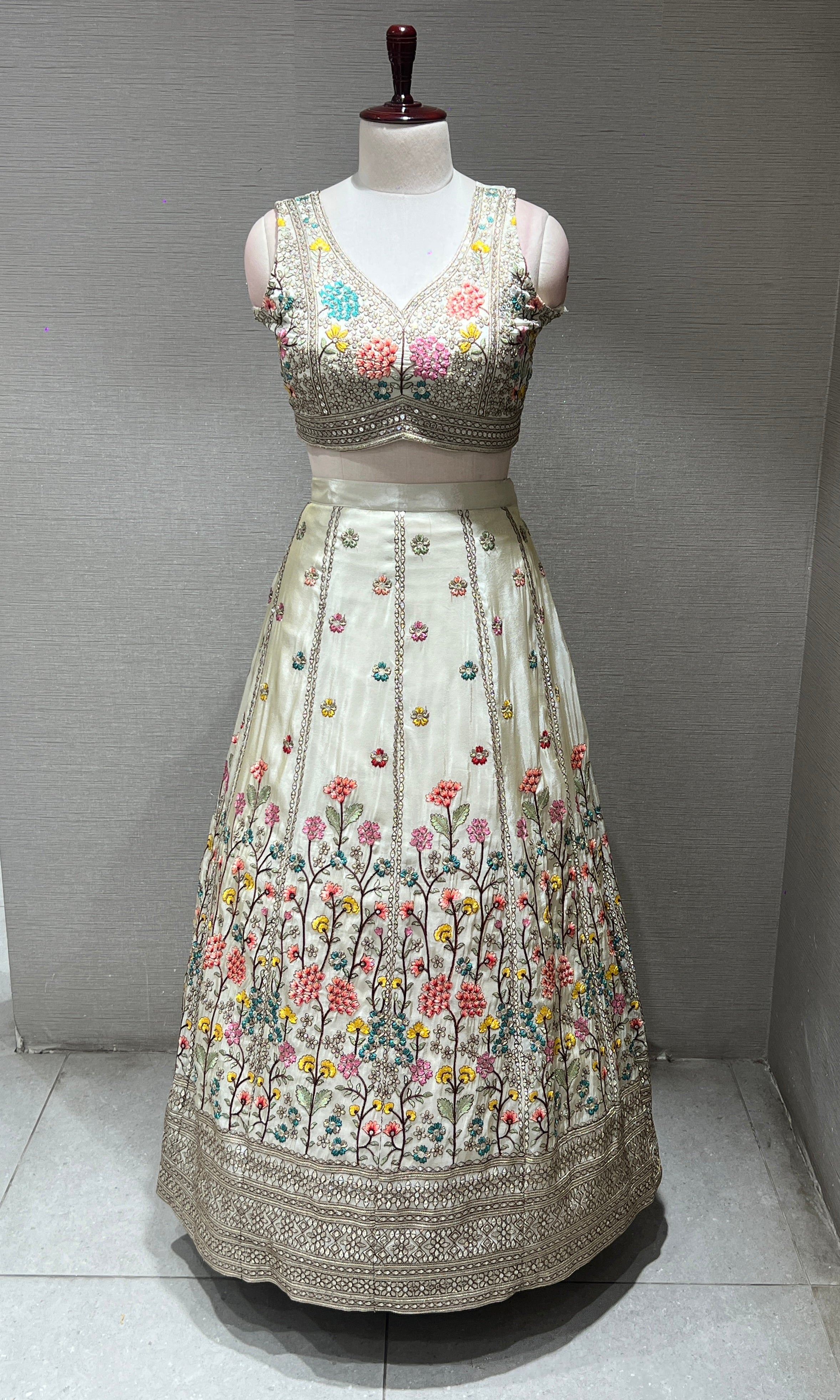 Half white floral embroidery Lehenga