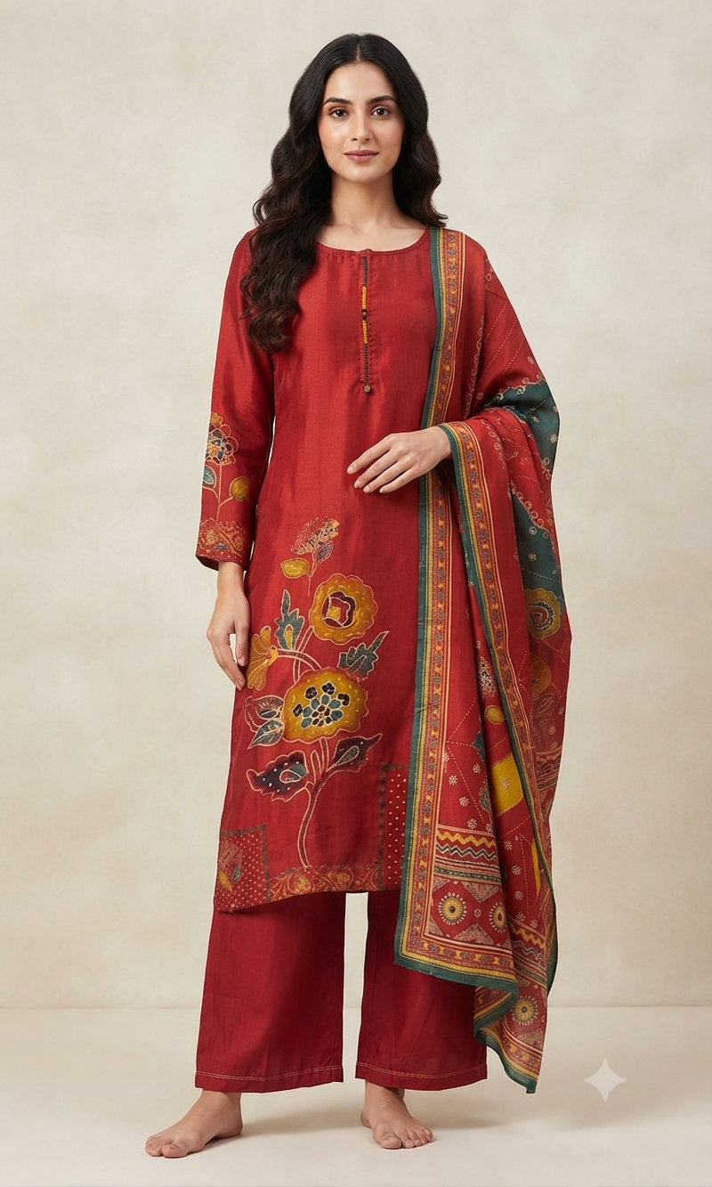 Rust Flora Embroidered Silk Kurta Set