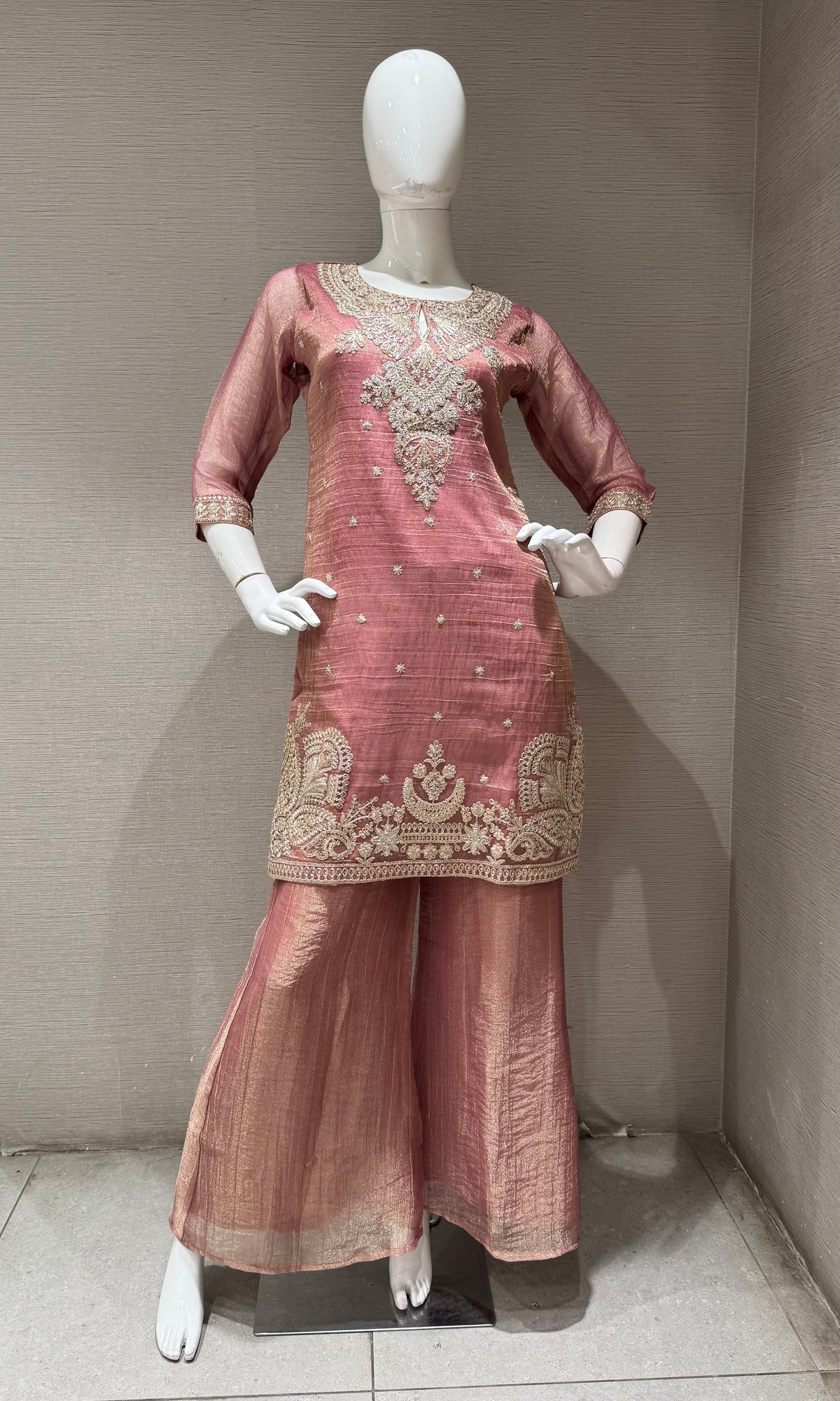 Pink Tissue Silk embroidered sharara set with dupatta