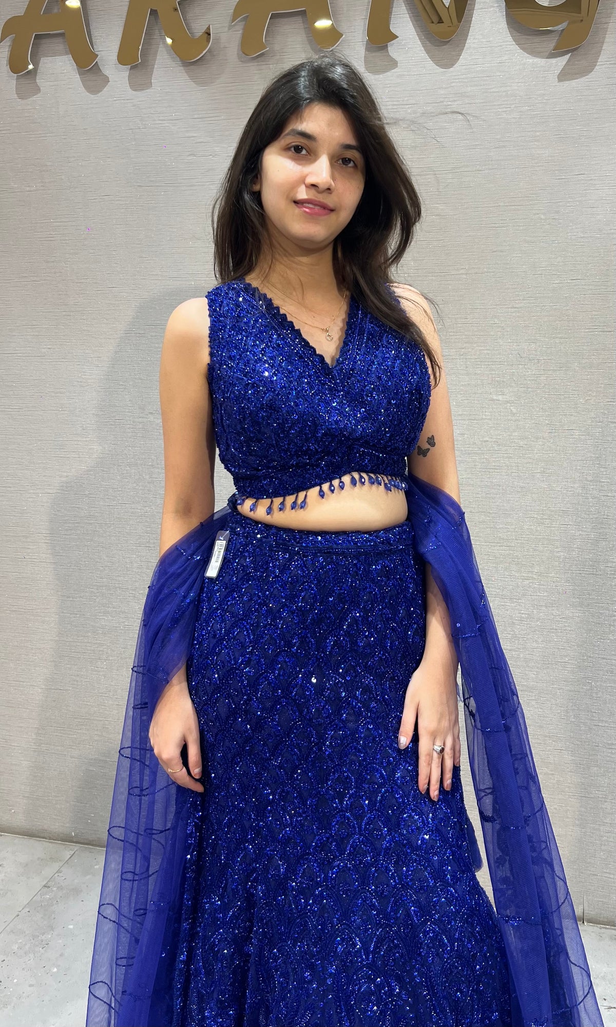 Royal Blue Sequined fish cut Lehenga Set with net dupatta
