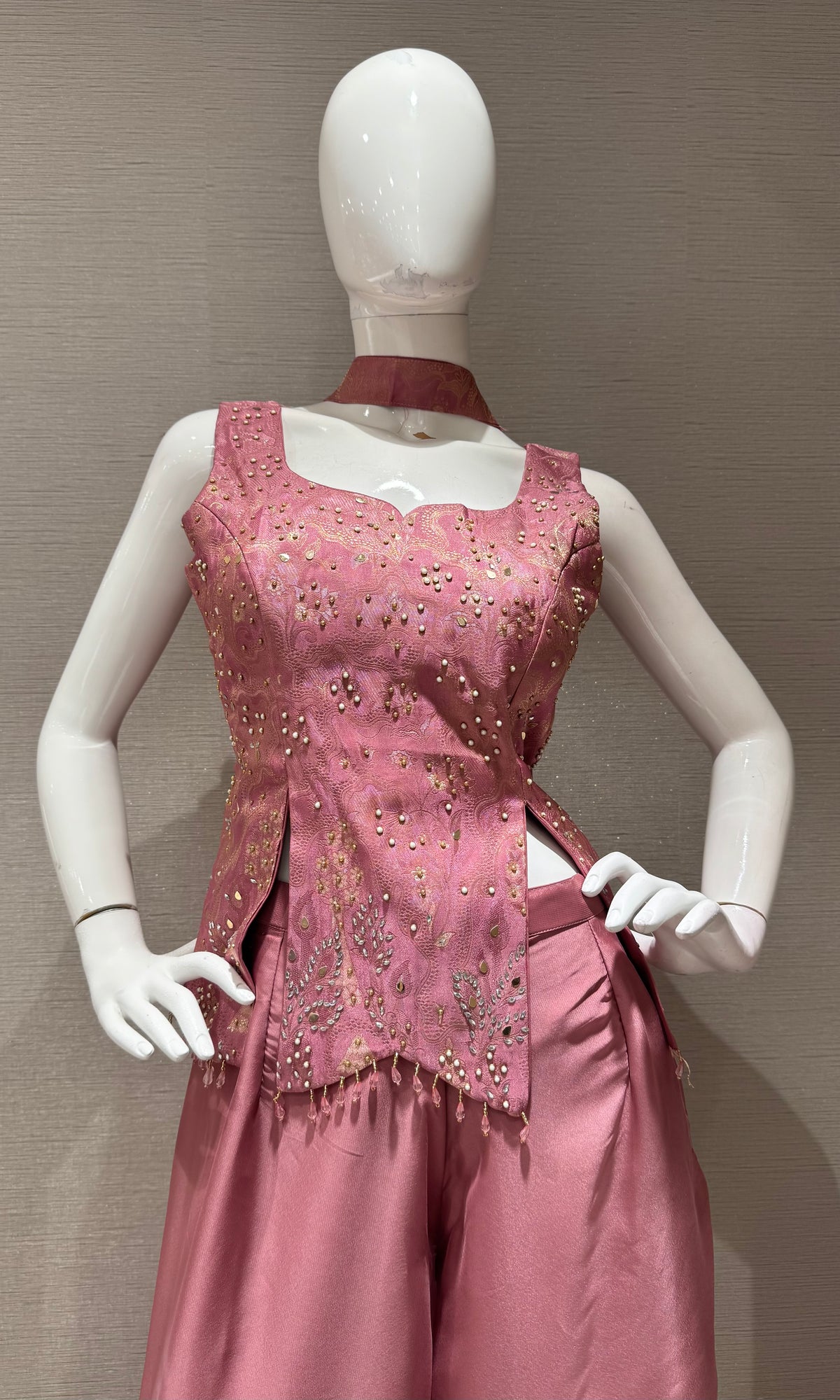 Onion Pink Satin Embellished Crop Top and Palazzo Set