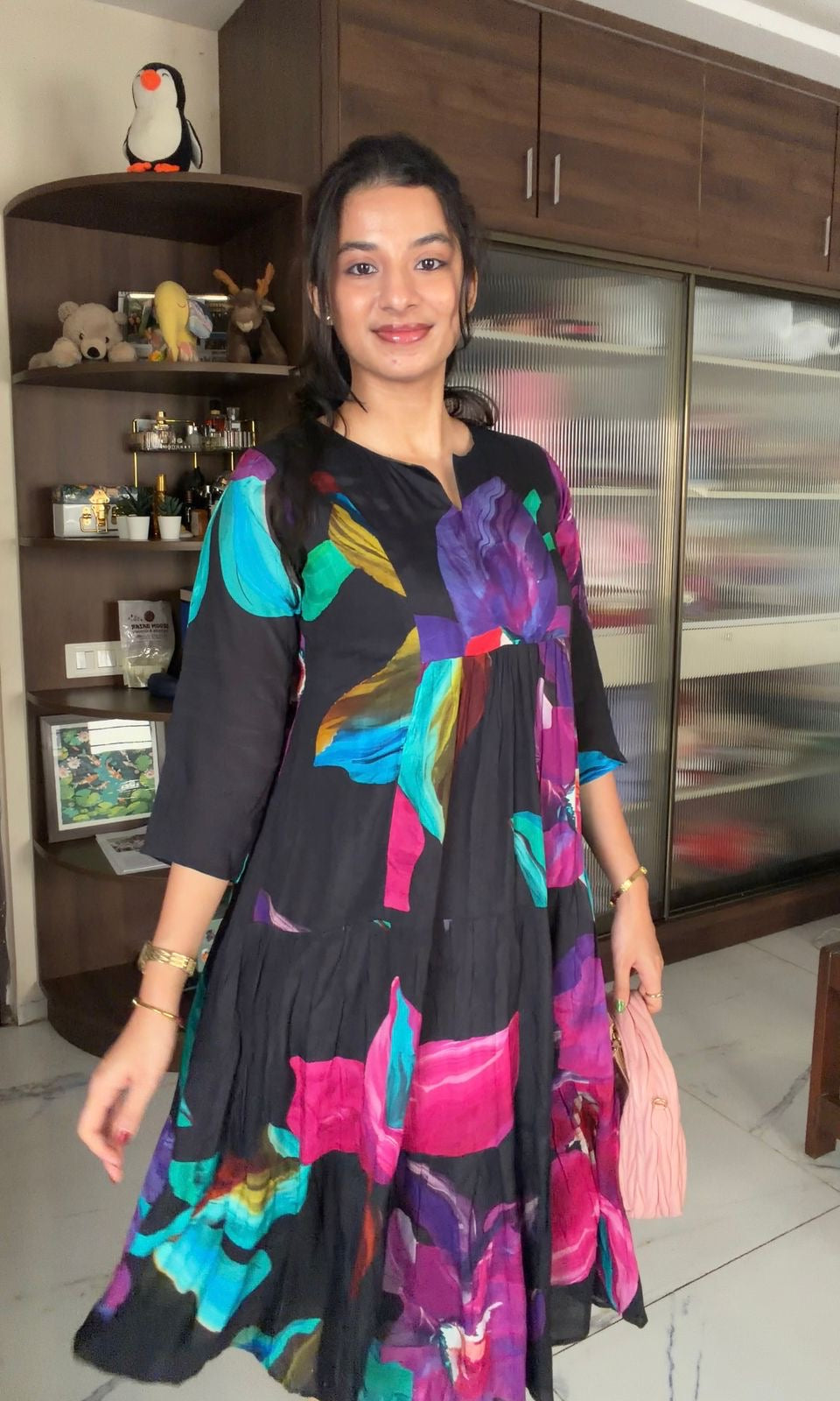 BLACK dress with vibrant FLORALS