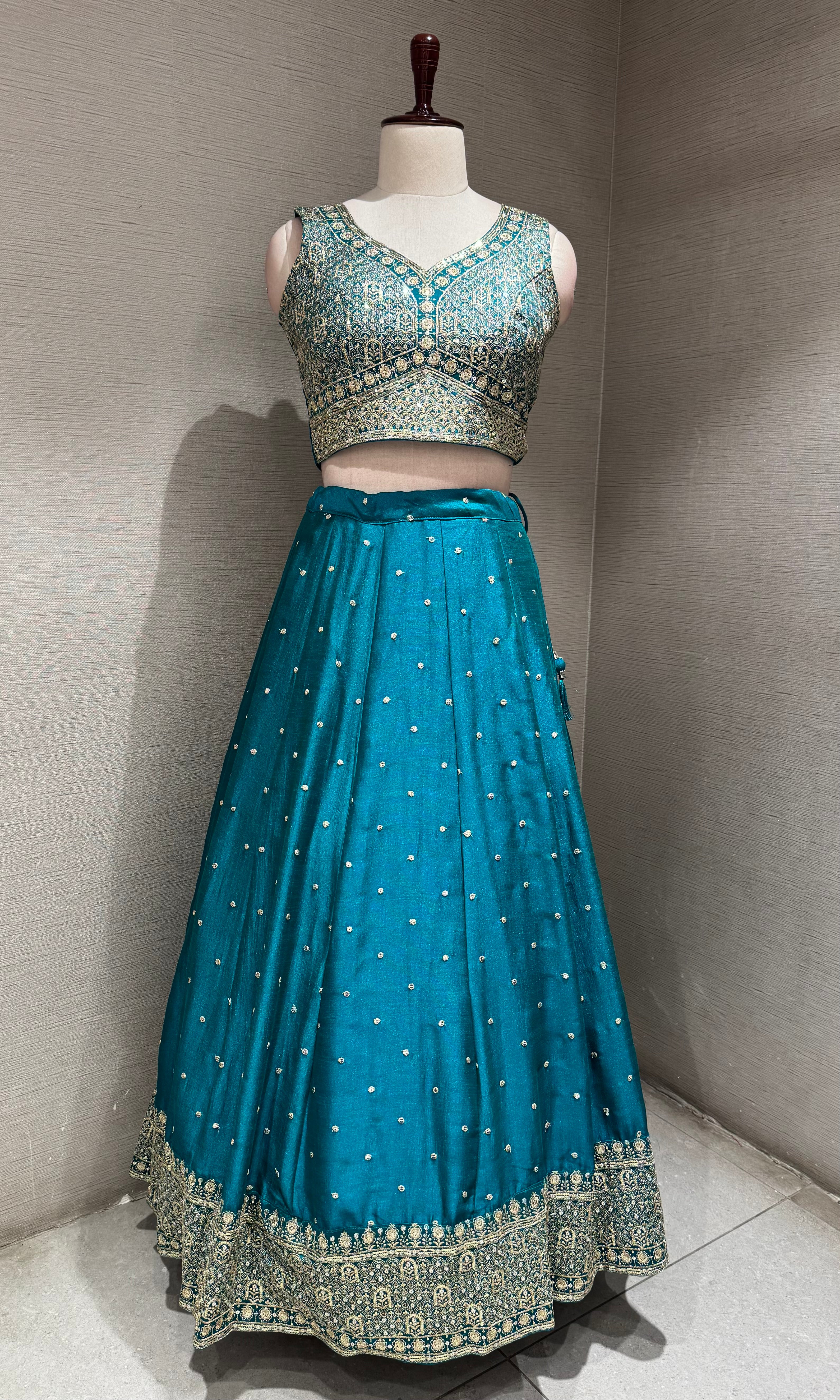 Rama blue golden embroidered lehenga choli set