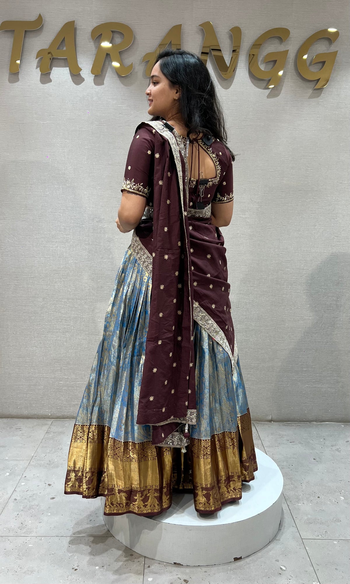 Brown BLUE BANARASI PATTU LEHENGA WITH EMBROIDERED BLOUSE