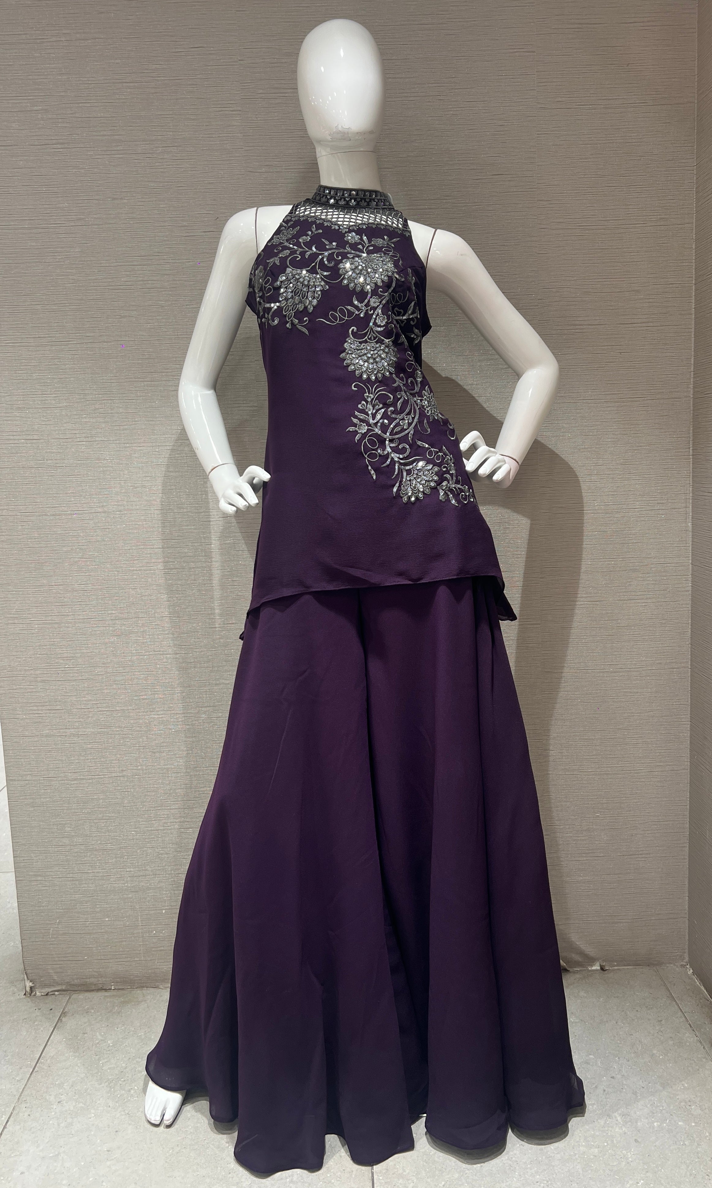 Wine ethnic floral halter peplum palazzo set