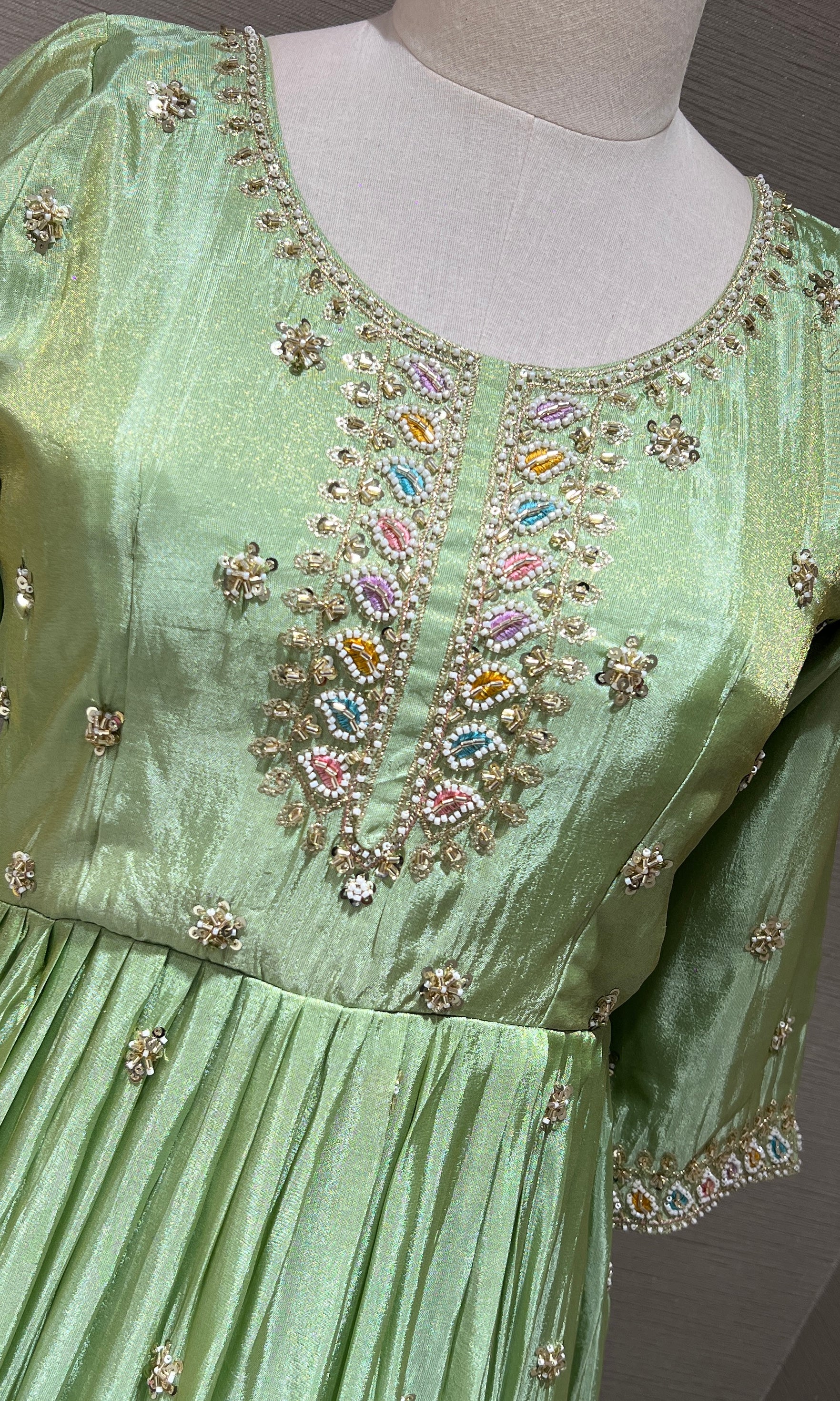 Light Green Embroidered Anarkali Long Gown with Dupatta