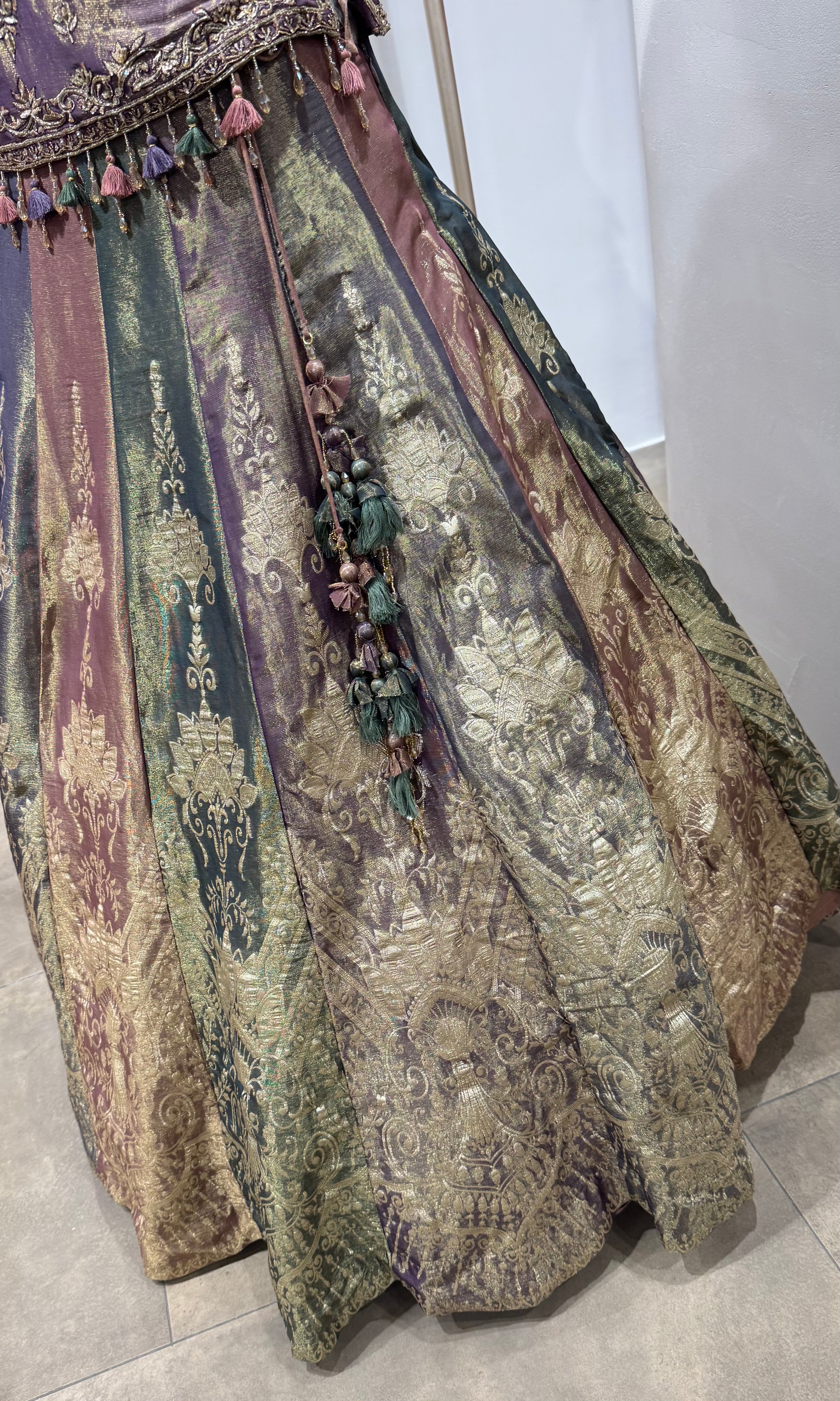 purple and gold embroidered lehenga