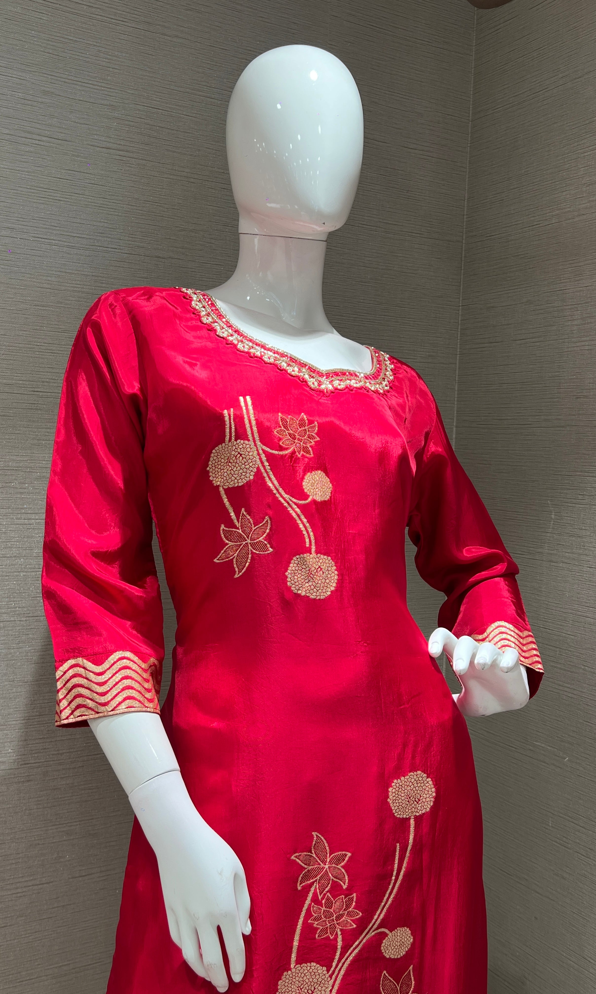 Rani Pink golden embroidered kurta set