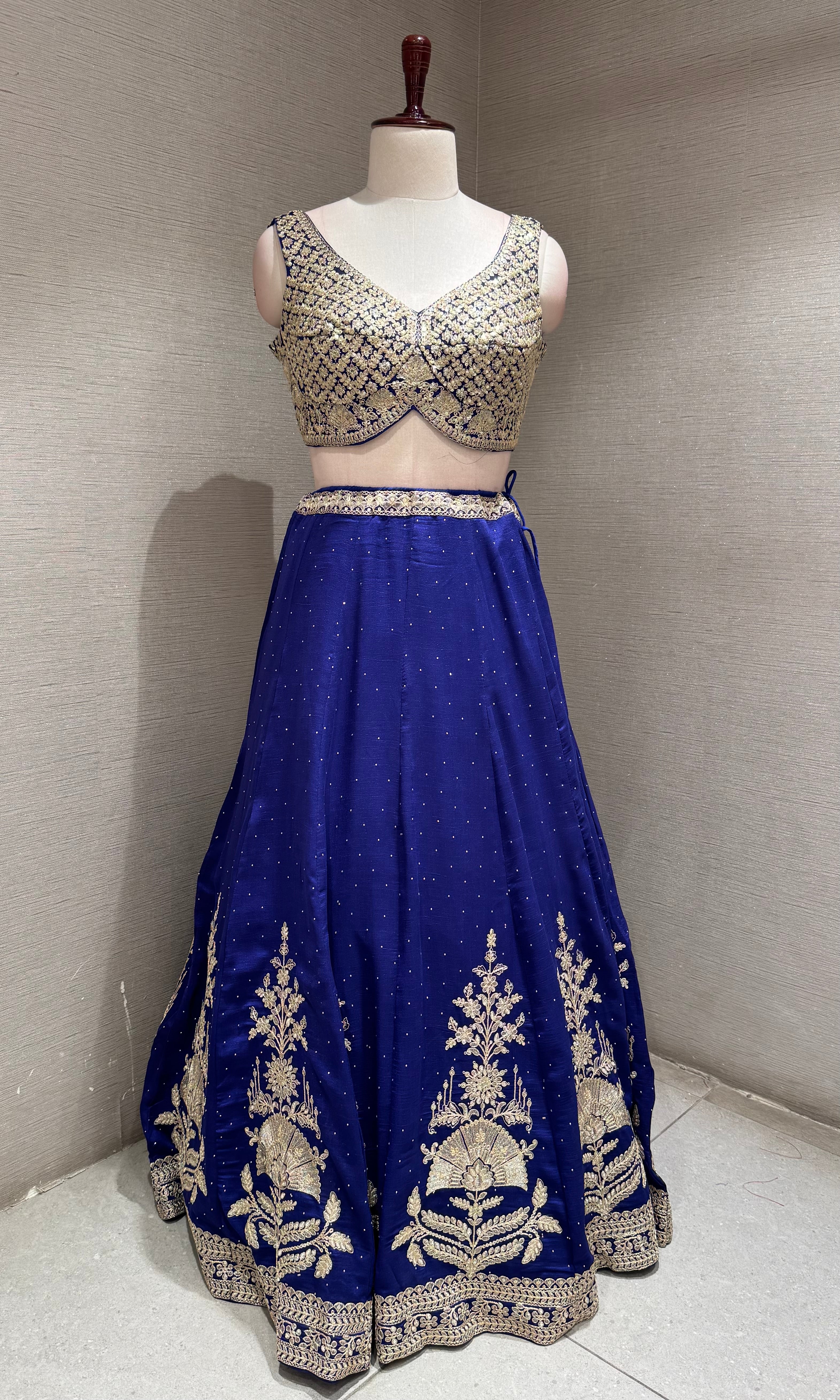 royal blue lehenga set with intricate gold & silver embroidery