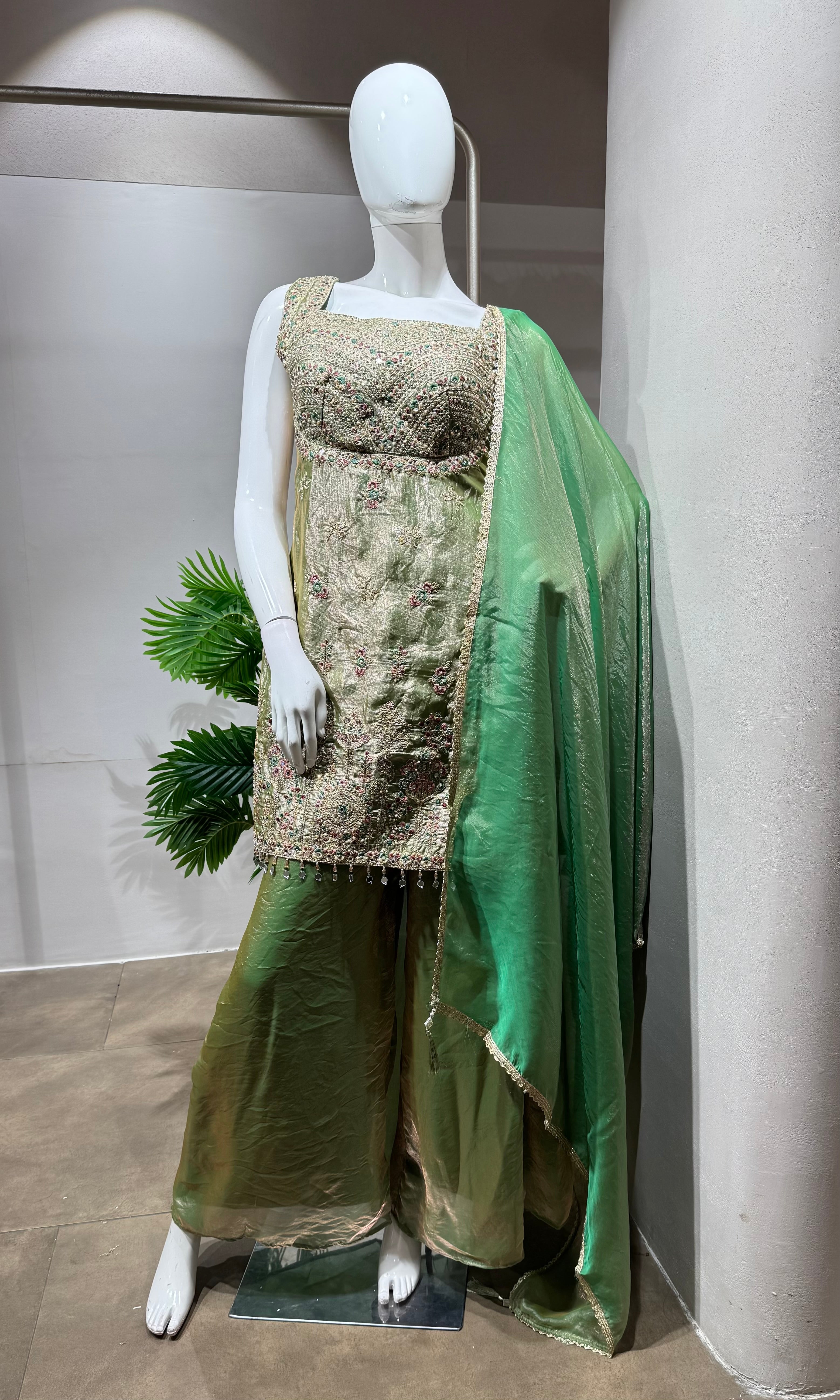 GREEN golden embroidered silk sharara set