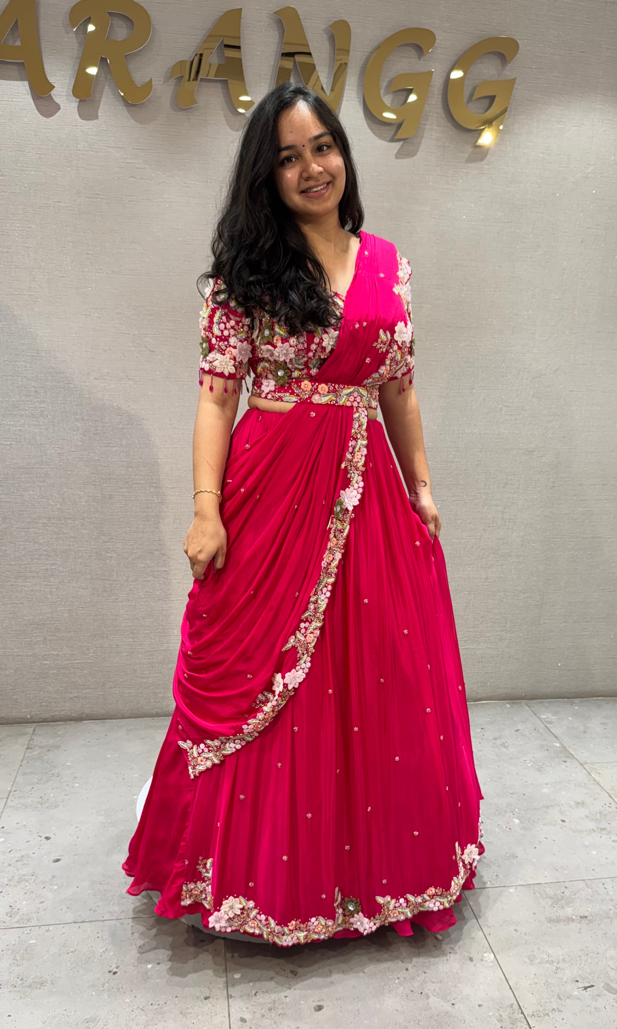 Fuchsia Georgette Pink Draped Saree with Embroidered Silk Blouse & Belt