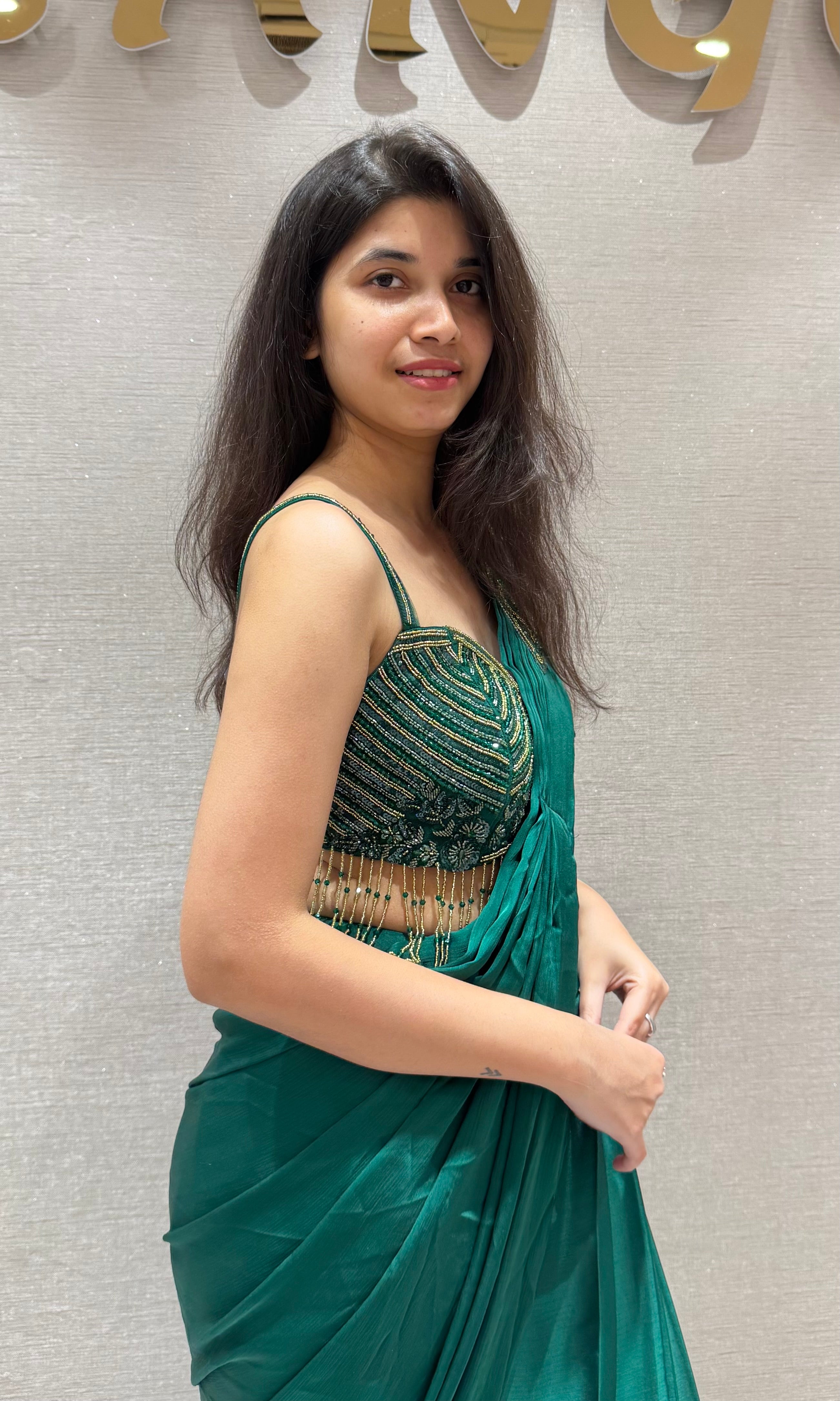 Green DRAPE SAREE WITH CORSET BLOUSE