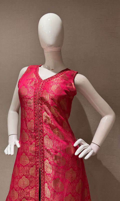 pink and Gold Banarasi Silk Anarkali Set with Dupatta